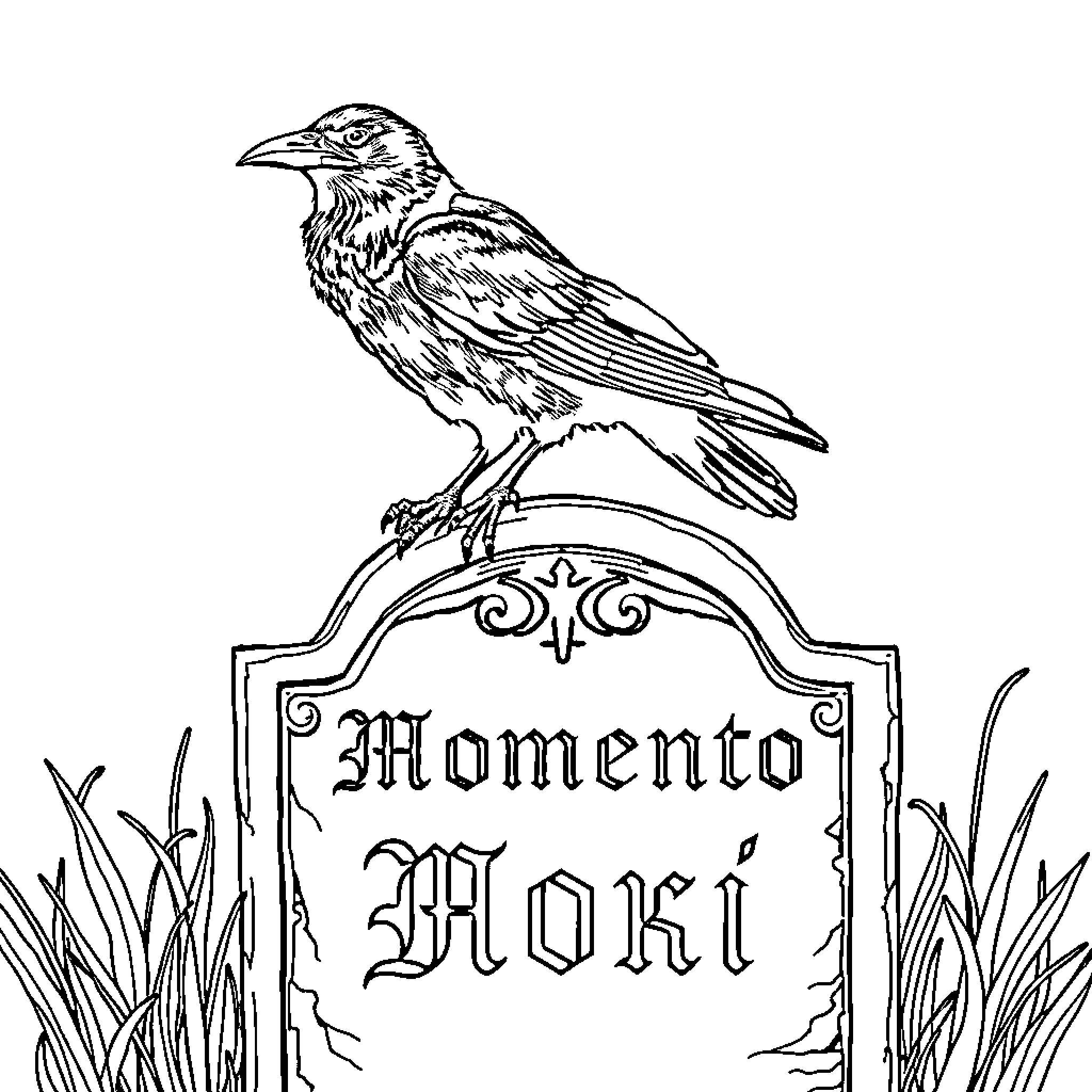Raven perched on ornate gravestone marker Coloring Page (free black-and-white line drawing printable PDF for all, from beginners to advanced learners, including children, teens, adults, and seniors)
