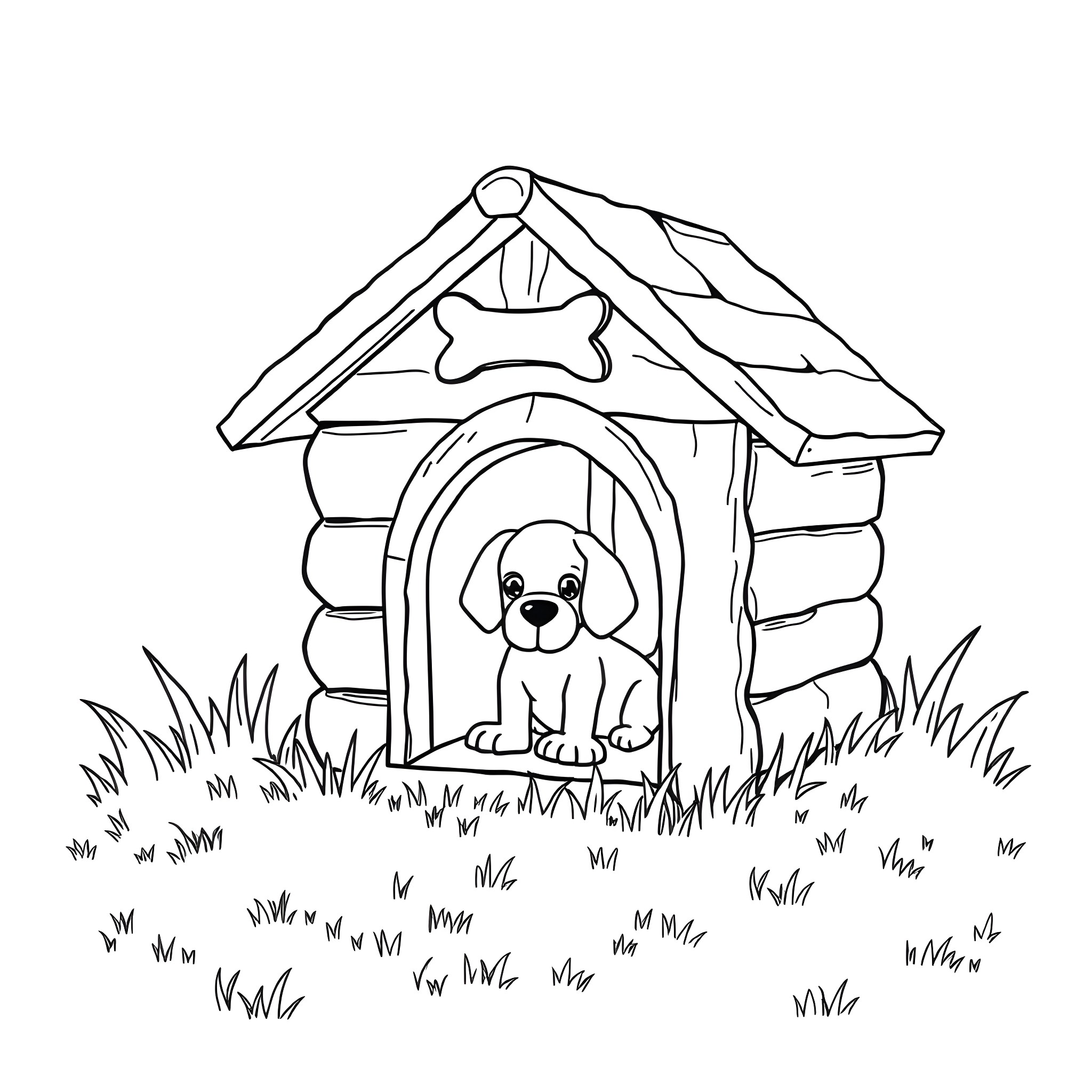 Dog House with Cute Puppy Coloring Page (free black-and-white line drawing printable PDF for all, from beginners to advanced learners, including children, teens, adults, and seniors)
