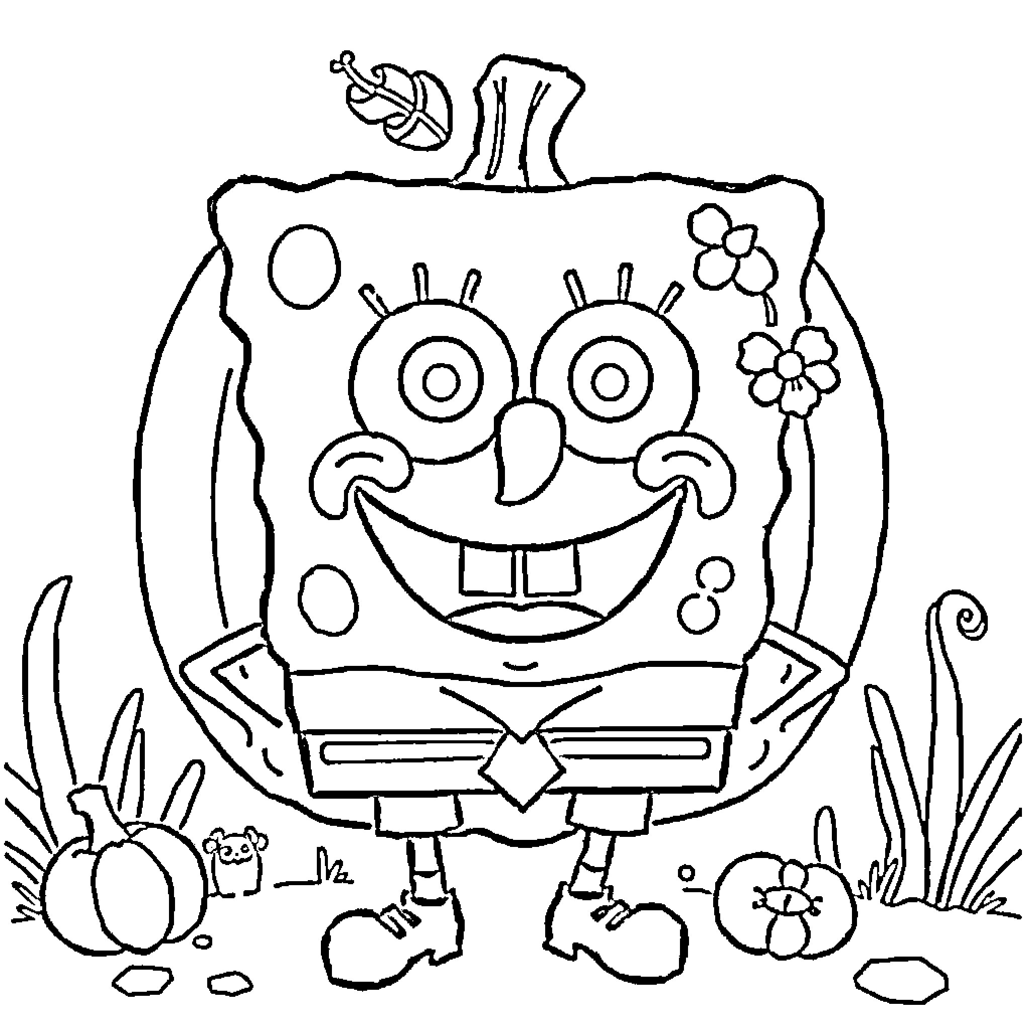 Spongebob's cheerful expression in the underwater scene Coloring Page (free black-and-white line drawing printable PDF for all, from beginners to advanced learners, including children, teens, adults, and seniors)