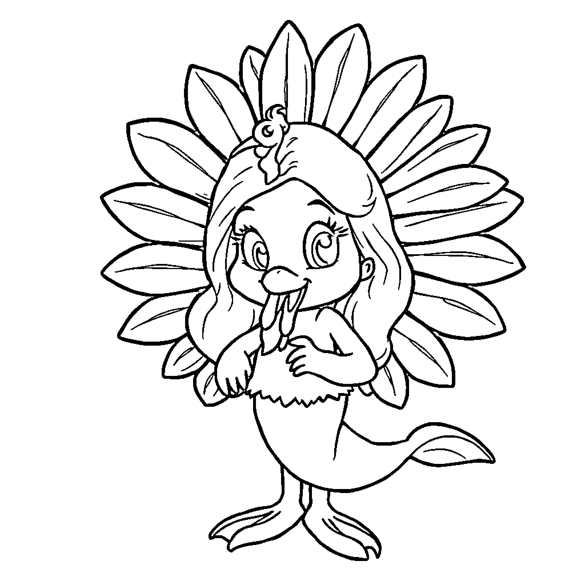 Turkey dressed up as a cute cartoon character Coloring Page (free black-and-white line drawing printable PDF for all, from beginners to advanced learners, including children, teens, adults, and seniors)