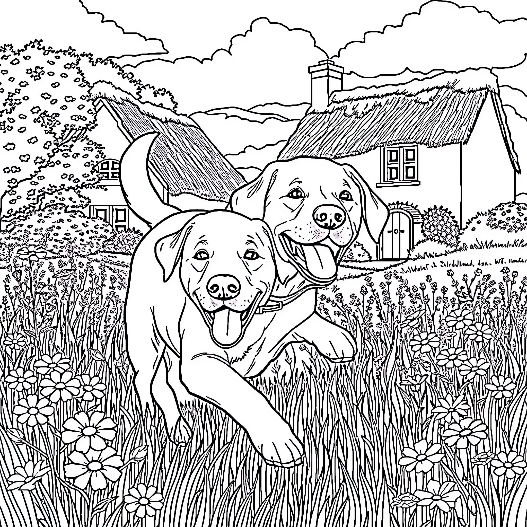 Labrador dogs playing happily in a countryside scene Coloring Page (free black-and-white line drawing printable PDF for all, from beginners to advanced learners, including children, teens, adults, and seniors)
