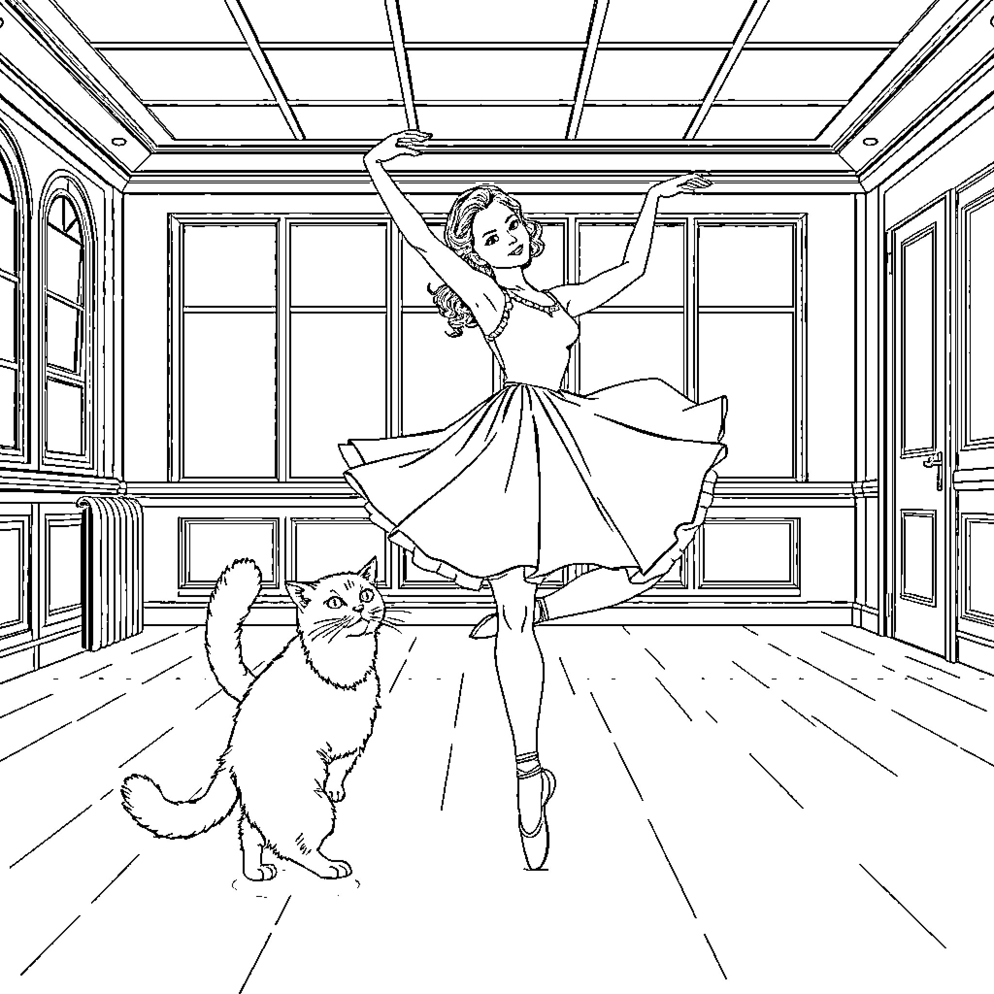 Bjørnis dancing gracefully with a feline companion Coloring Page (free black-and-white line drawing printable PDF for all, from beginners to advanced learners, including children, teens, adults, and seniors)