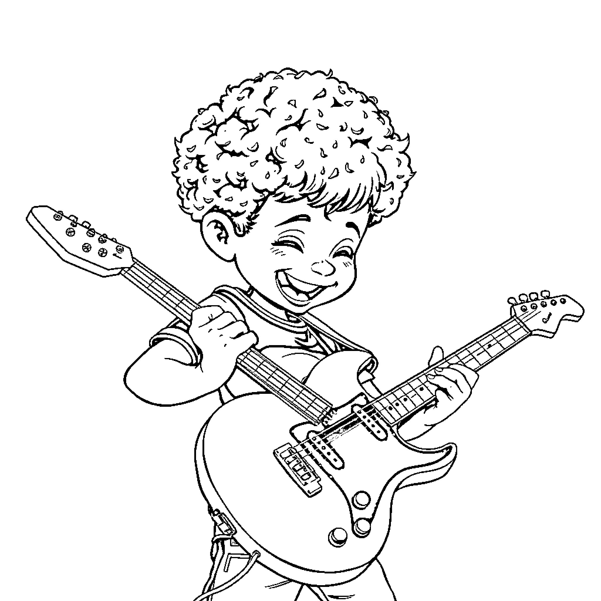 Kid playing guitar joyfully Coloring Page (free black-and-white line drawing printable PDF for all, from beginners to advanced learners, including children, teens, adults, and seniors)
