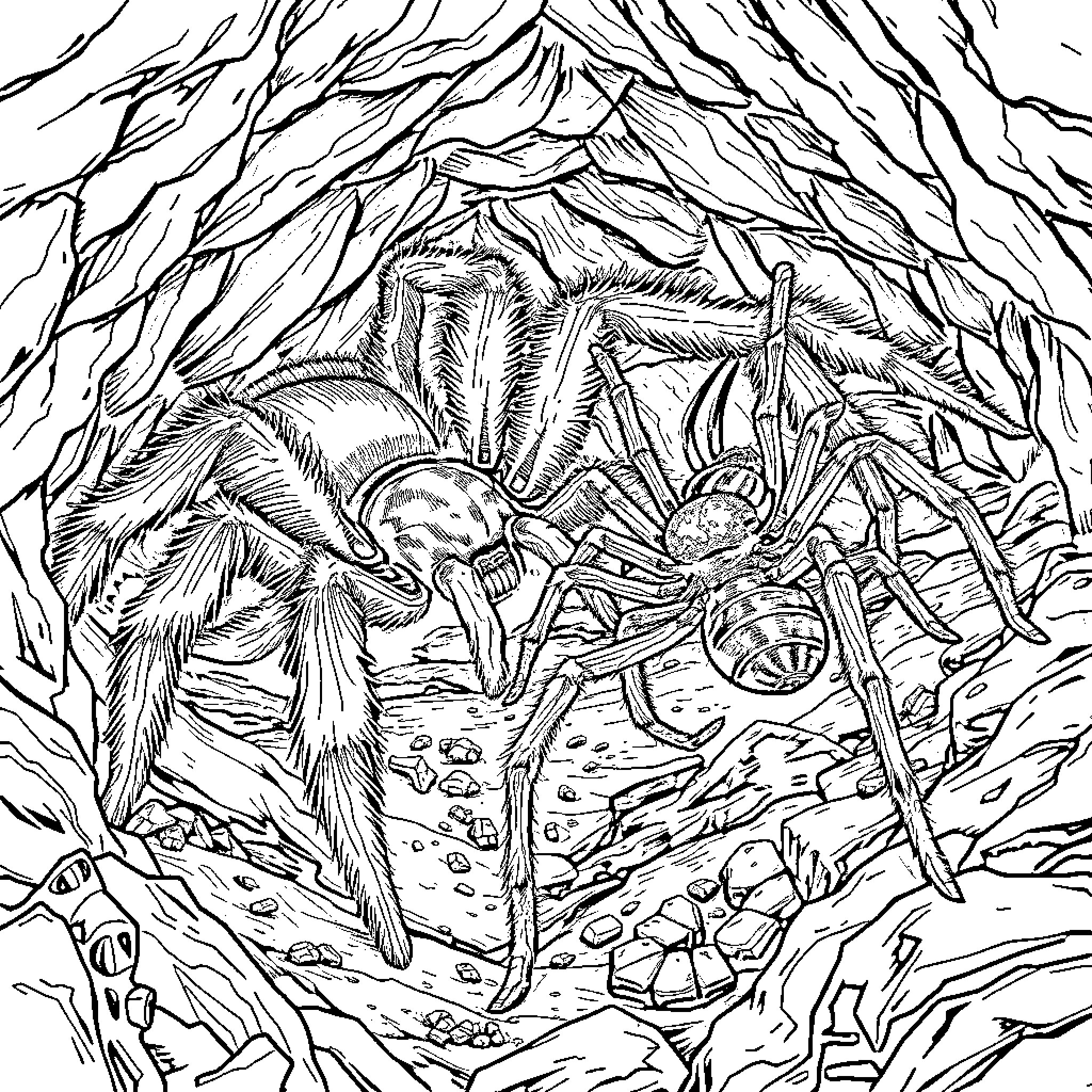 Spider's Lair: Intricate Arachnid Dwelling Coloring Page (free black-and-white line drawing printable PDF for all, from beginners to advanced learners, including children, teens, adults, and seniors)