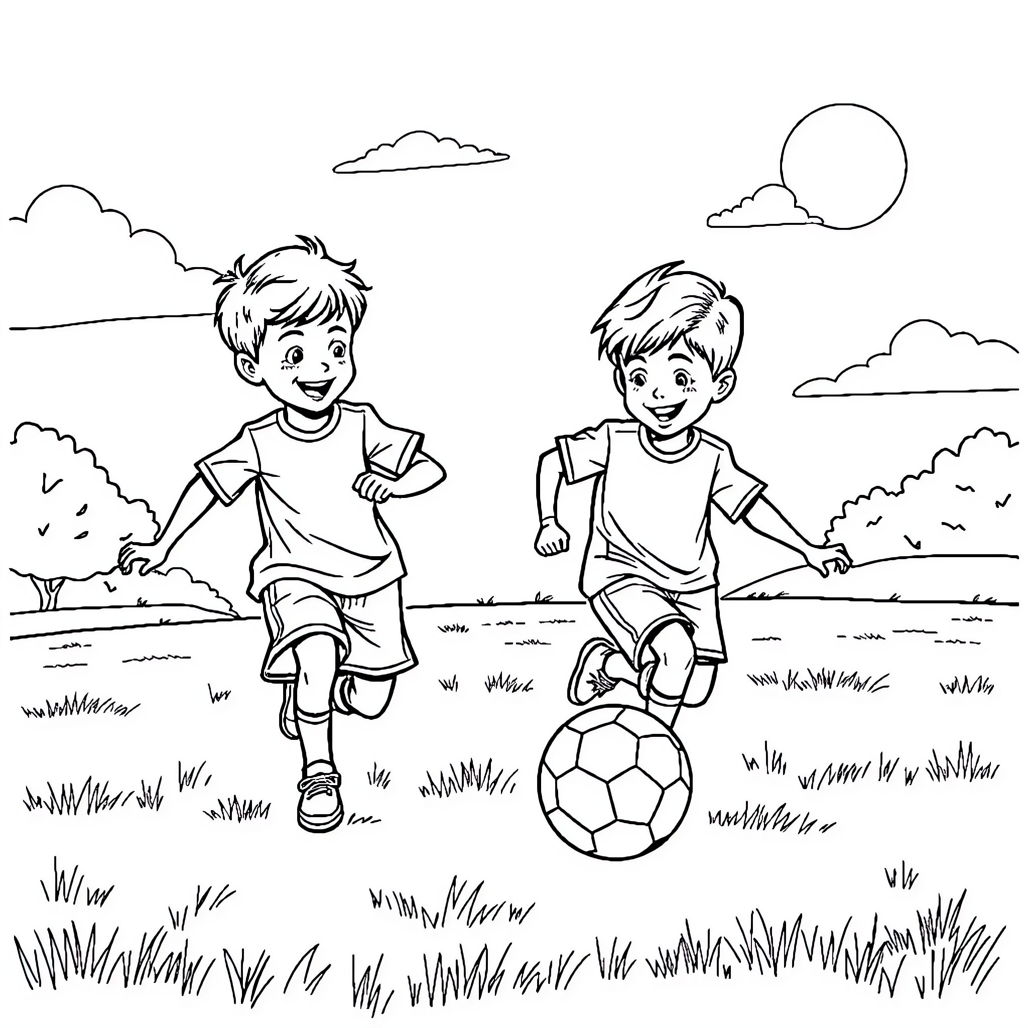 Boy playing joyfully with soccer ball outdoors Coloring Page (free black-and-white line drawing printable PDF for all, from beginners to advanced learners, including children, teens, adults, and seniors)