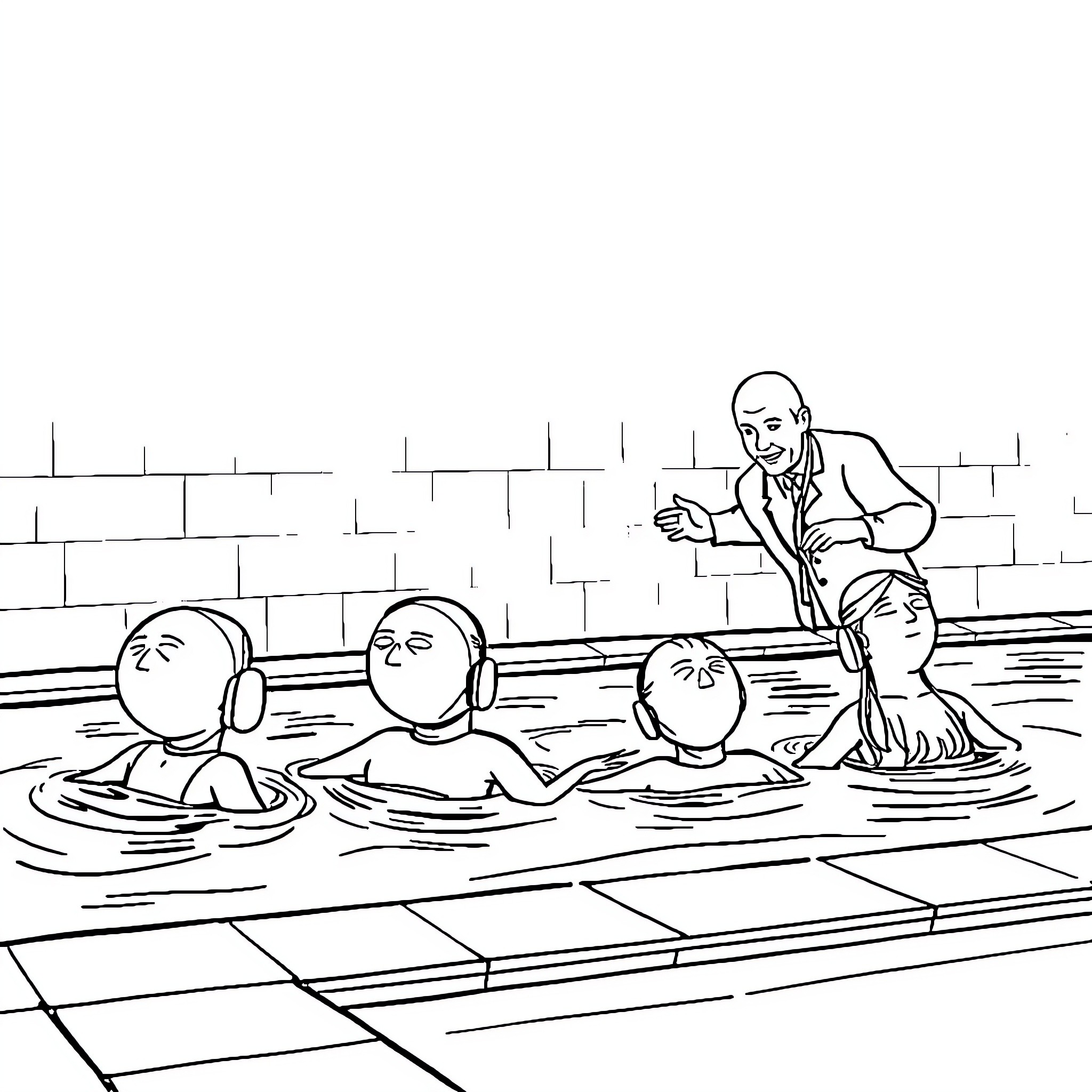 Professor Supervising Swimming Lesson for Students Coloring Page (free black-and-white line drawing printable PDF for all, from beginners to advanced learners, including children, teens, adults, and seniors)