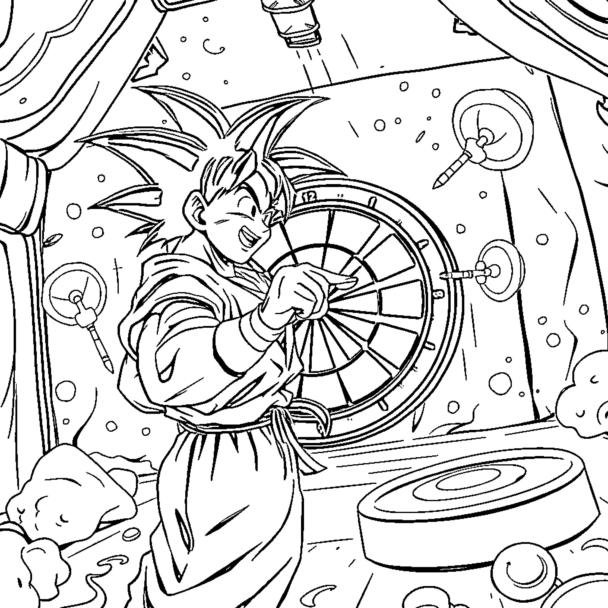 Son Goku Spinning the Wheel of Fortune Coloring Page (free black-and-white line drawing printable PDF for all, from beginners to advanced learners, including children, teens, adults, and seniors)