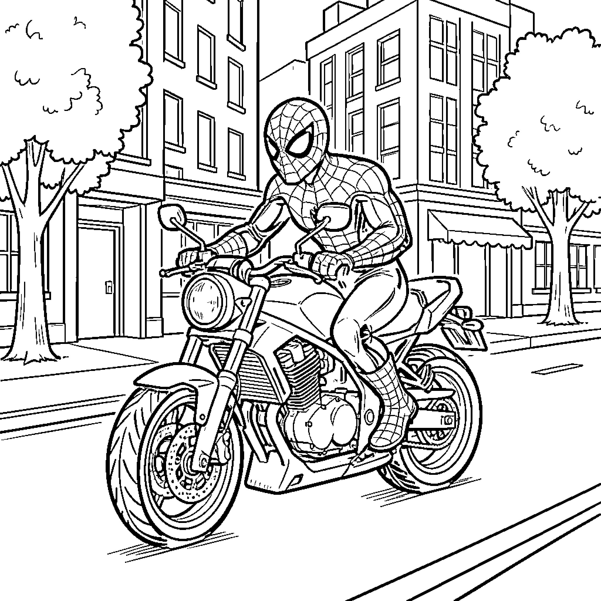 Spidey riding a motorcycle through city streets Coloring Page (free black-and-white line drawing printable PDF for all, from beginners to advanced learners, including children, teens, adults, and seniors)