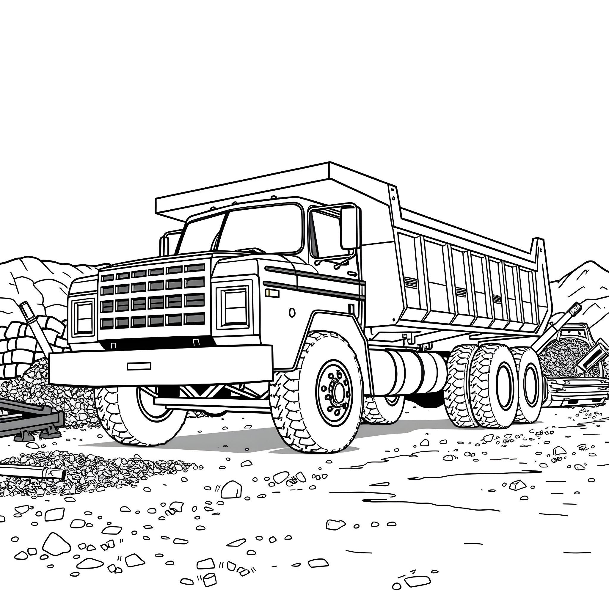 Dodge heavy-duty dump truck transporting construction materials Coloring Page (free black-and-white line drawing printable PDF for all, from beginners to advanced learners, including children, teens, adults, and seniors)