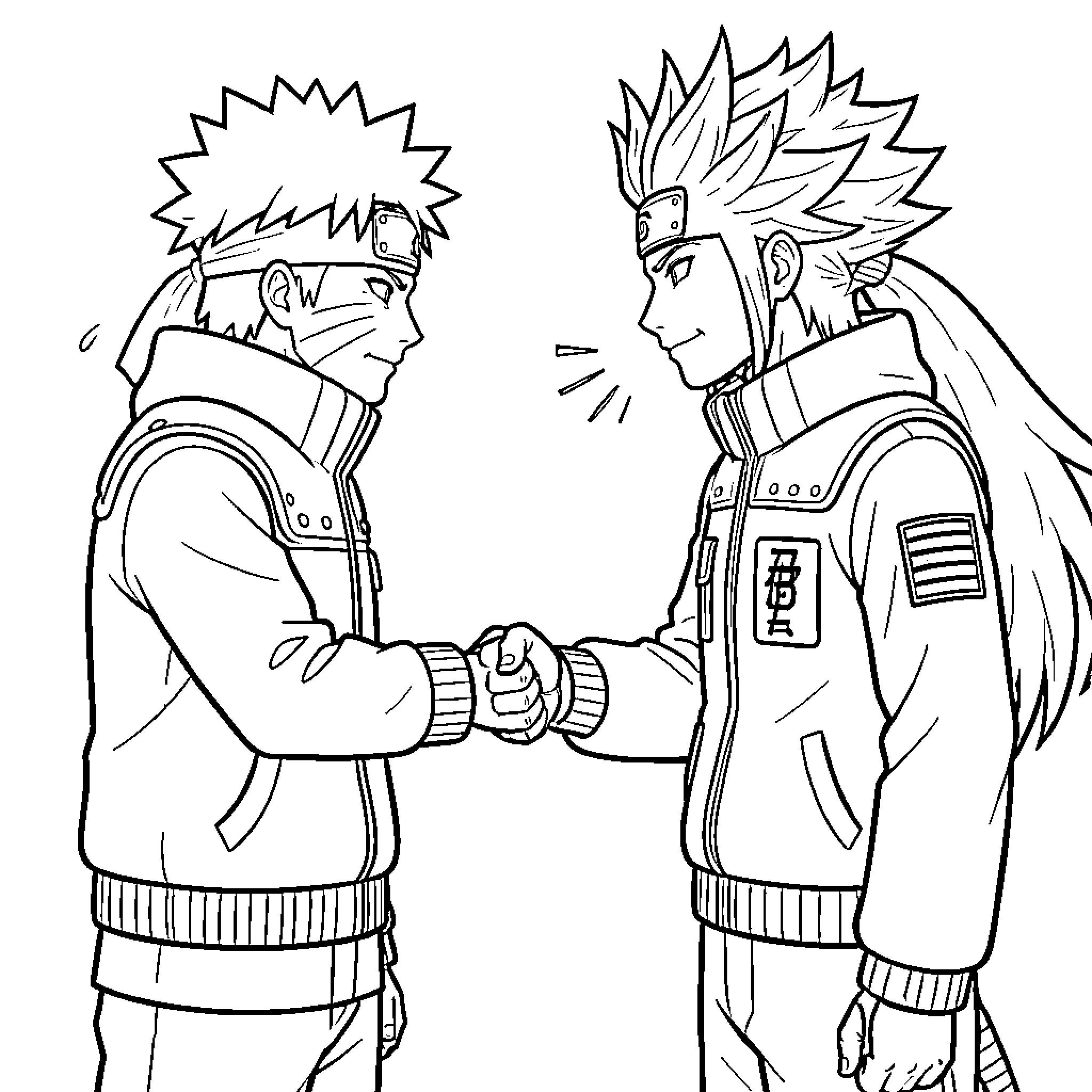 Naruto characters shaking hands in animated style Coloring Page (free black-and-white line drawing printable PDF for all, from beginners to advanced learners, including children, teens, adults, and seniors)