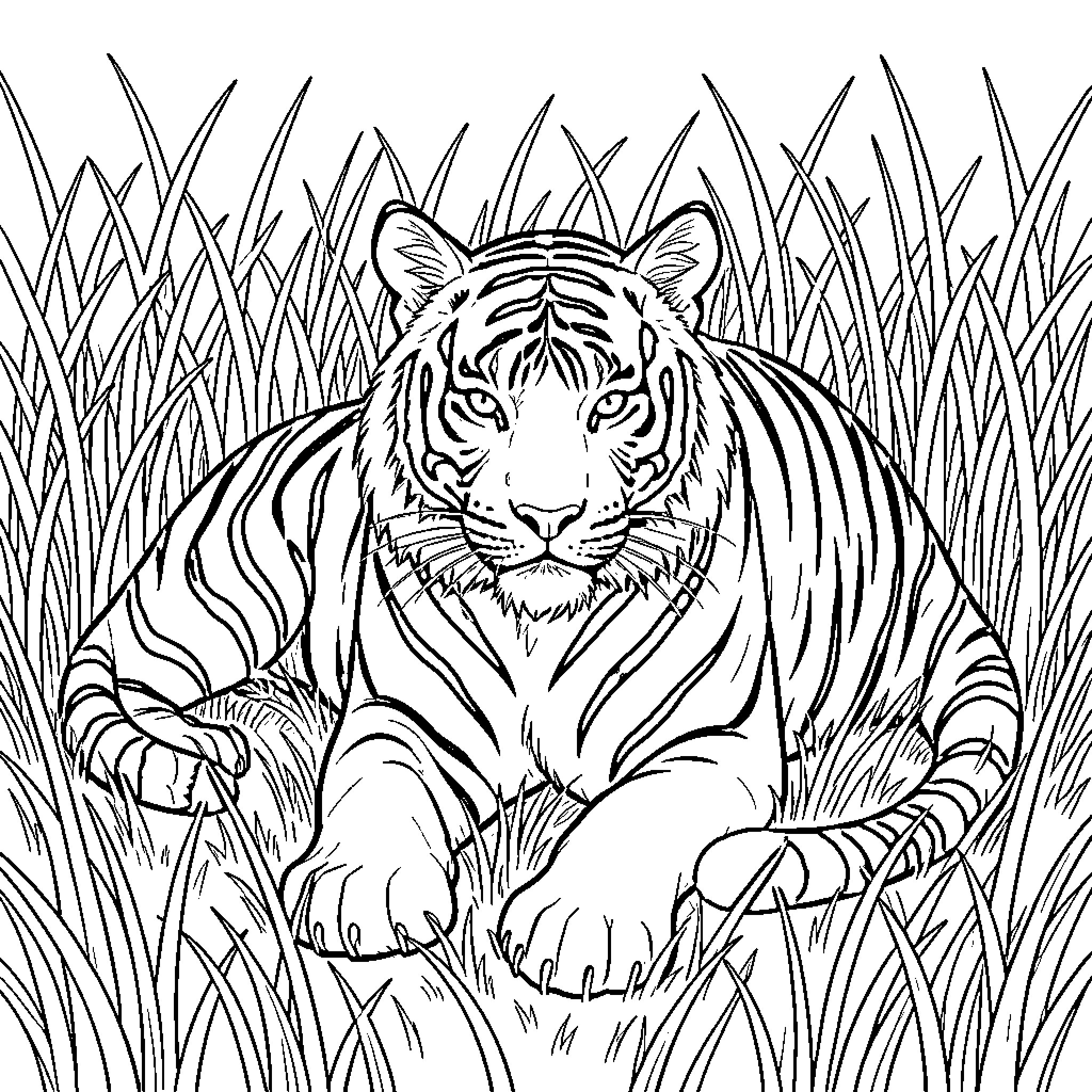 Tiger Sitting Watchfully in Tall Grass Coloring Page (free black-and-white line drawing printable PDF for all, from beginners to advanced learners, including children, teens, adults, and seniors)