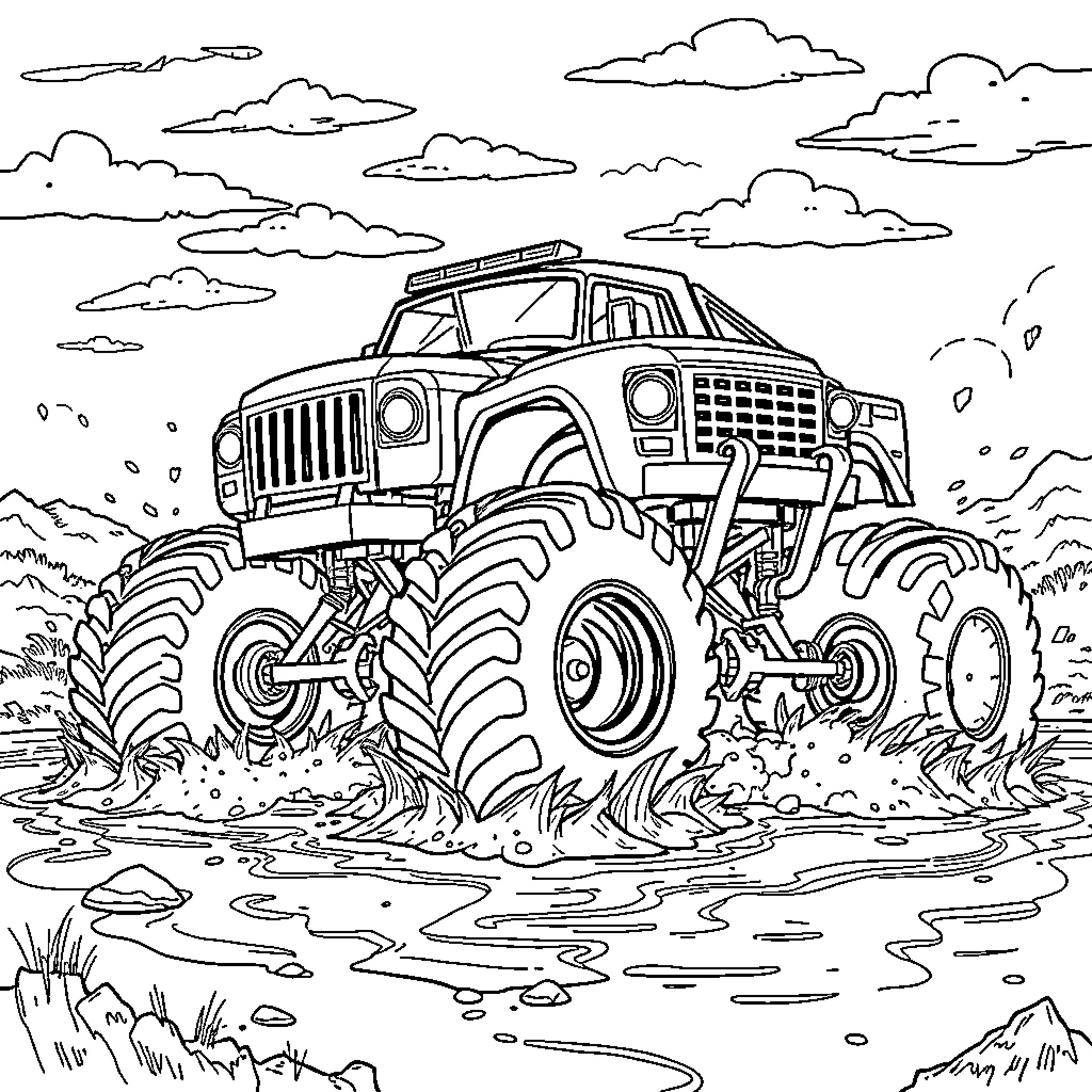 Monster Truck Navigating Through the Muddy Terrain Coloring Page (free black-and-white line drawing printable PDF for all, from beginners to advanced learners, including children, teens, adults, and seniors)