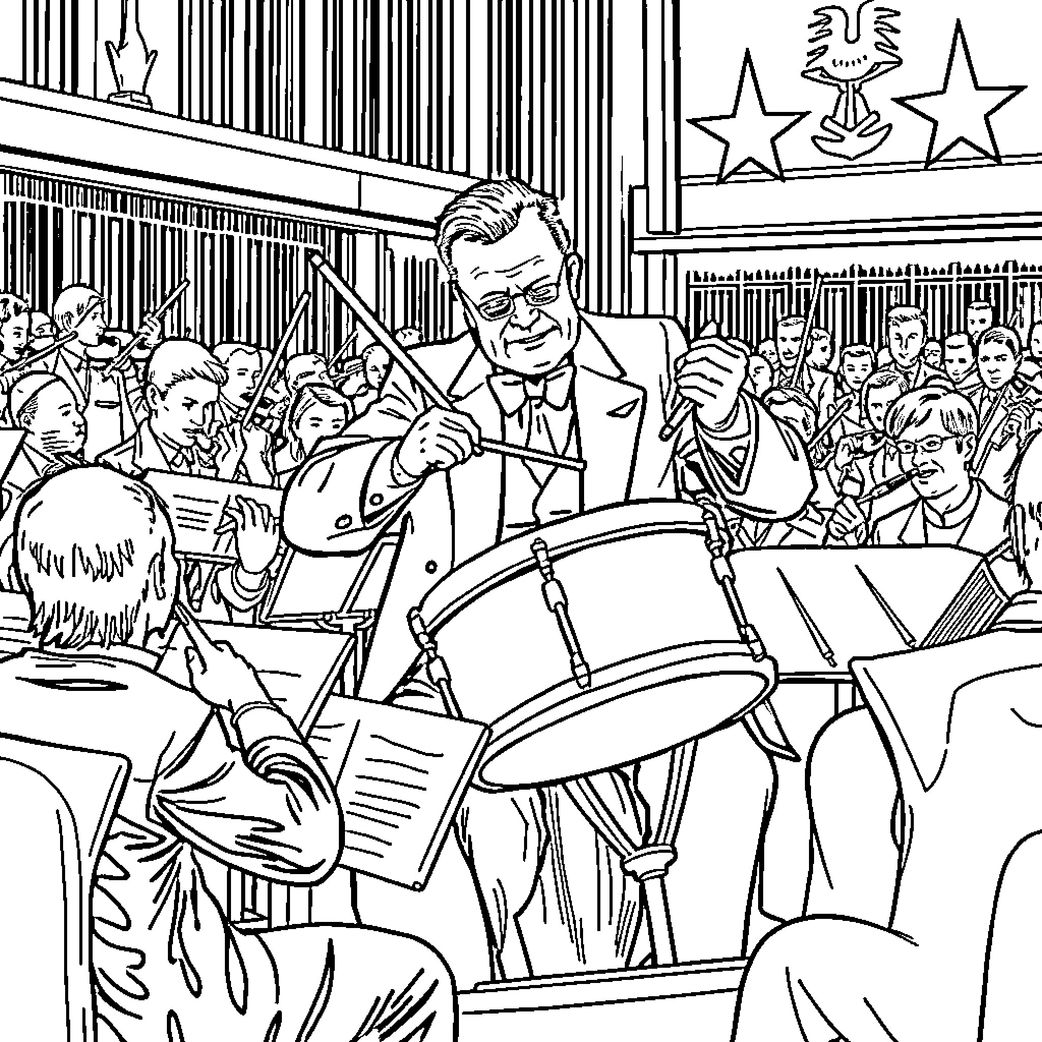 Shostakovich leading an orchestra in a grand performance Coloring Page (free black-and-white line drawing printable PDF for all, from beginners to advanced learners, including children, teens, adults, and seniors)