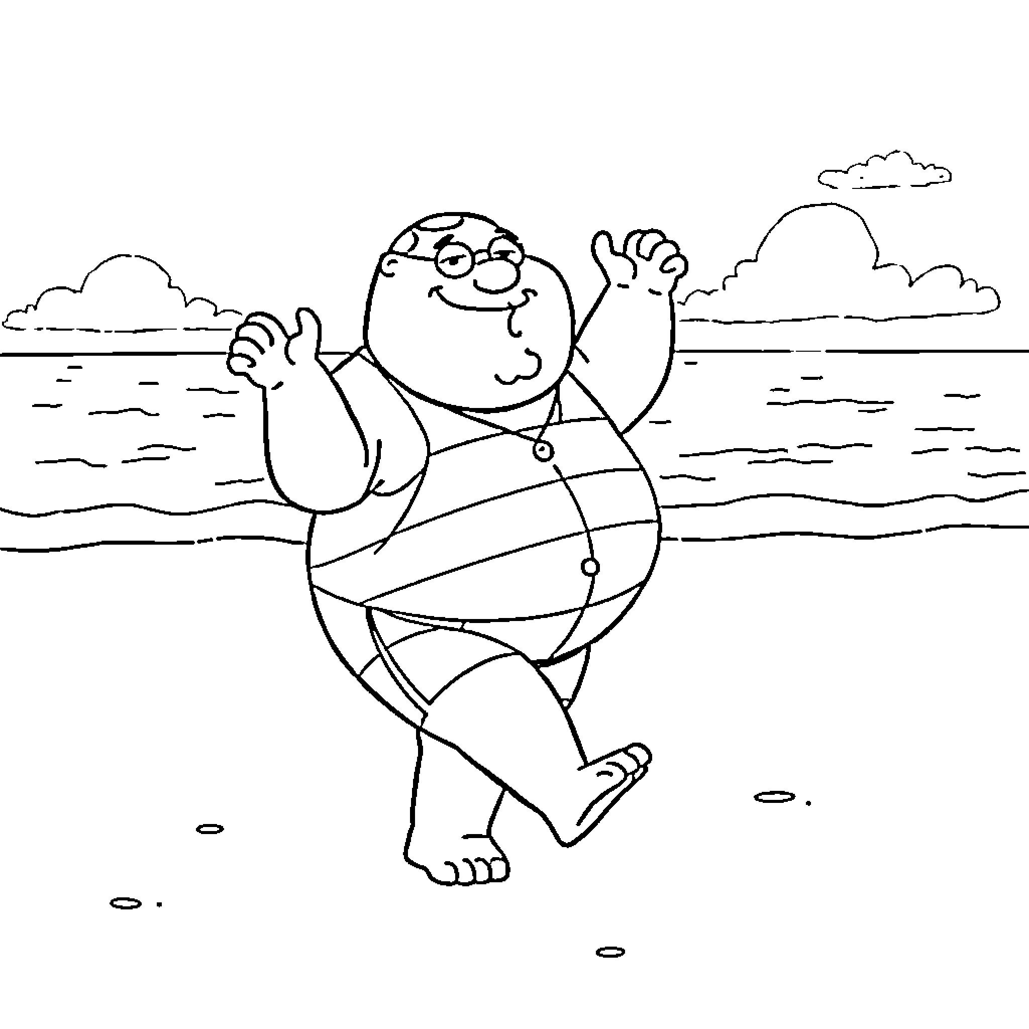 Peter Griffin enjoying a beach day in his swimsuit Coloring Page (free black-and-white line drawing printable PDF for all, from beginners to advanced learners, including children, teens, adults, and seniors)
