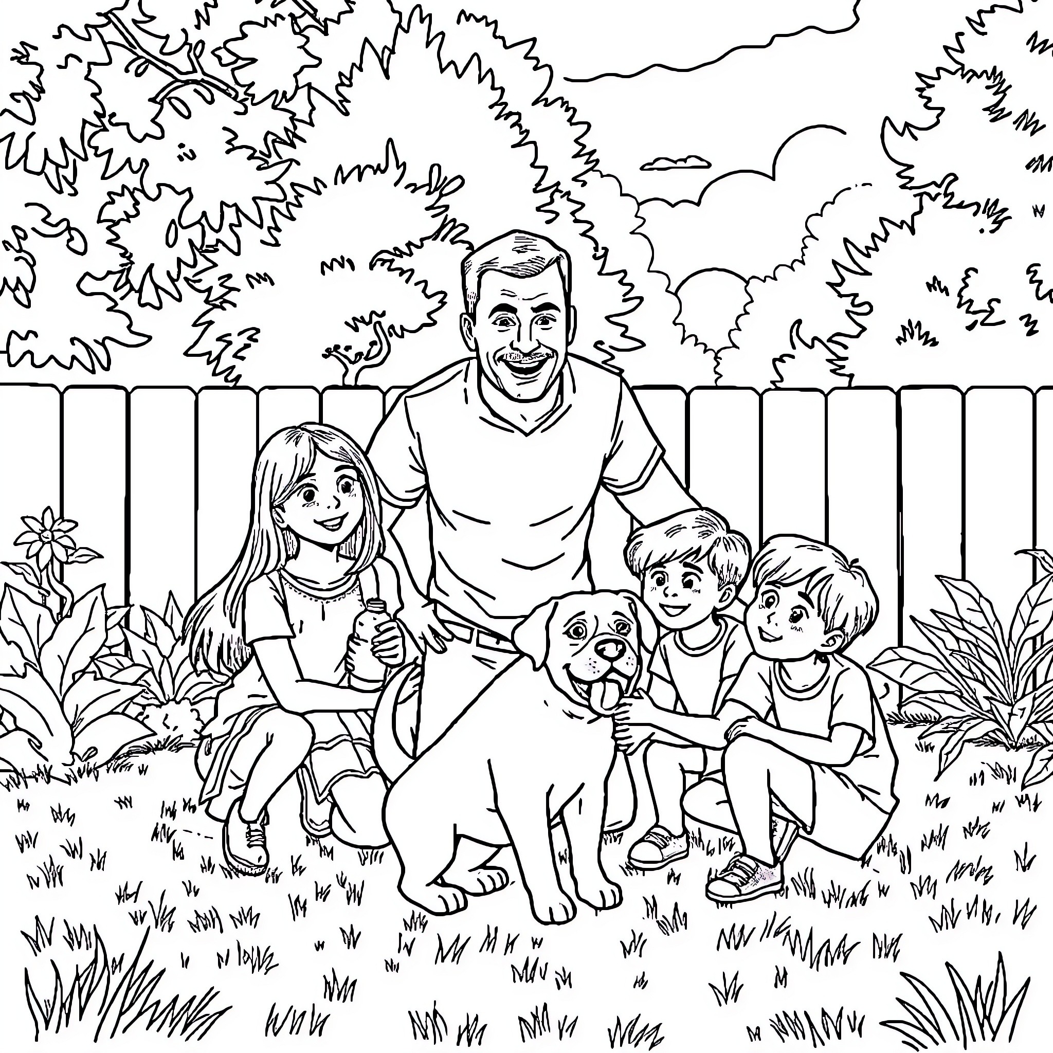 Family Enjoying Outdoor Adventure with Pets Coloring Page (free black-and-white line drawing printable PDF for all, from beginners to advanced learners, including children, teens, adults, and seniors)