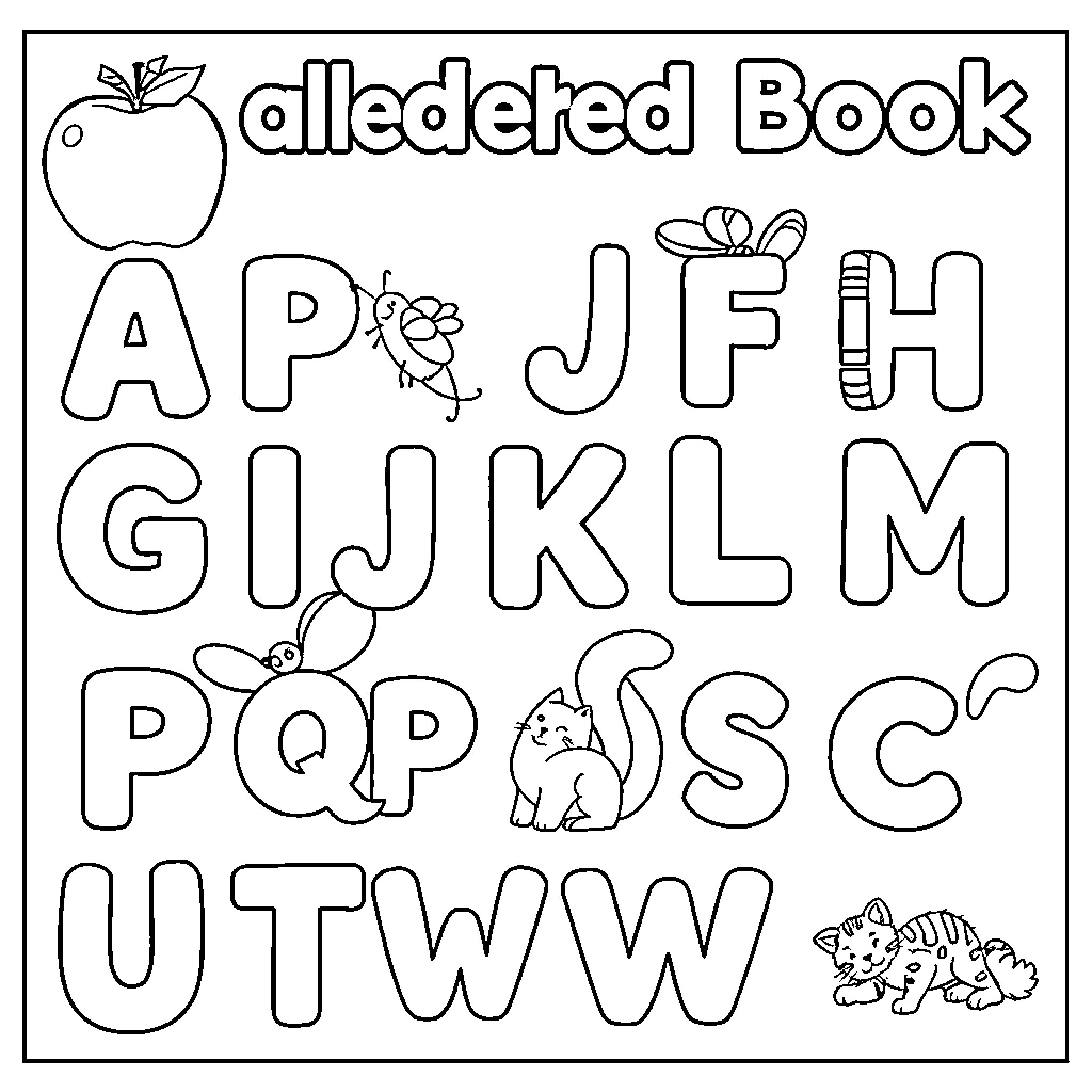 Alphabet Book with Animals and Nature Elements Coloring Page (free black-and-white line drawing printable PDF for all, from beginners to advanced learners, including children, teens, adults, and seniors)