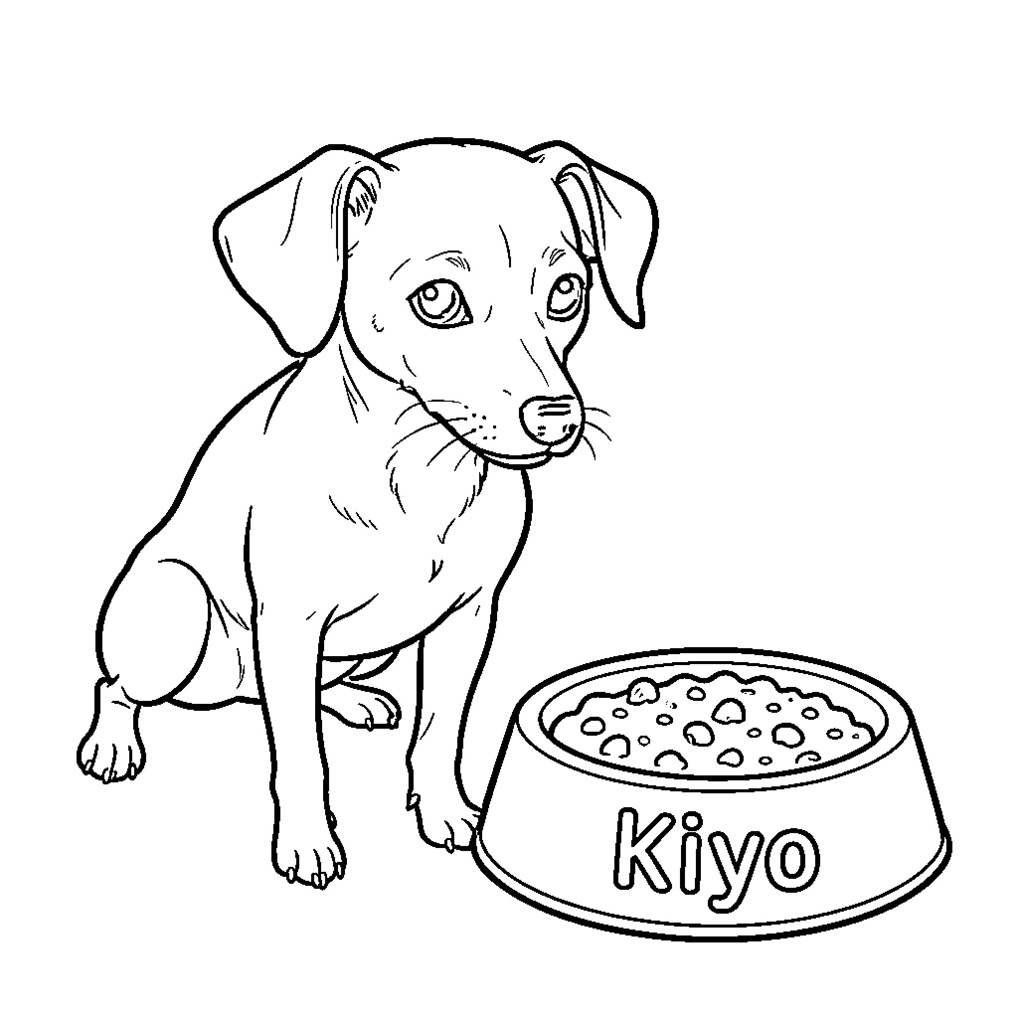 Pincher sitting patiently next to a food bowl Coloring Page (free black-and-white line drawing printable PDF for all, from beginners to advanced learners, including children, teens, adults, and seniors)