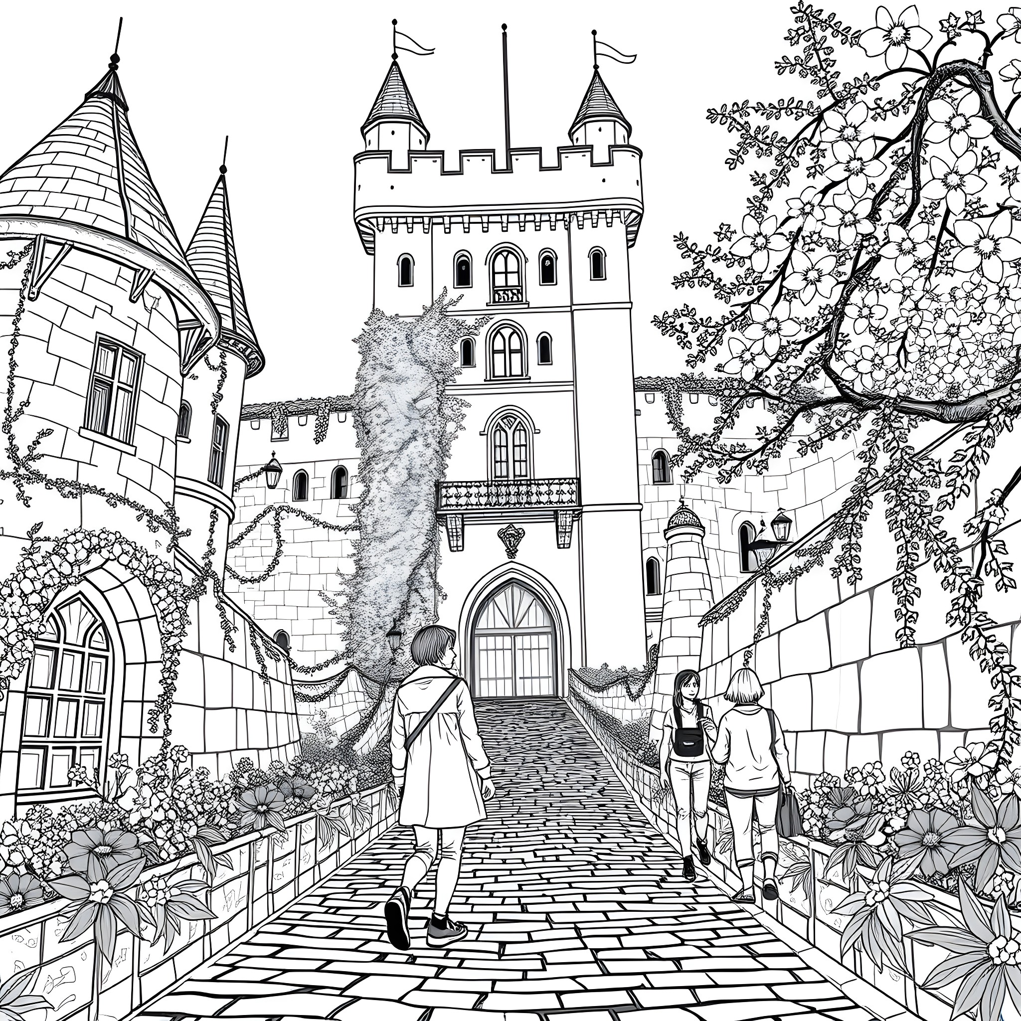 Couple exploring an enchanting castle in a whimsical garden Coloring Page (free black-and-white line drawing printable PDF for all, from beginners to advanced learners, including children, teens, adults, and seniors)