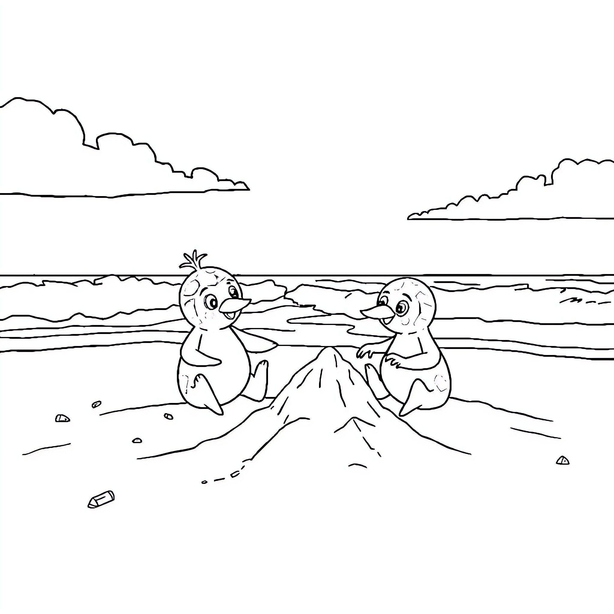 Los Picapiedras playing on the beach Coloring Page (free black-and-white line drawing printable PDF for all, from beginners to advanced learners, including children, teens, adults, and seniors)
