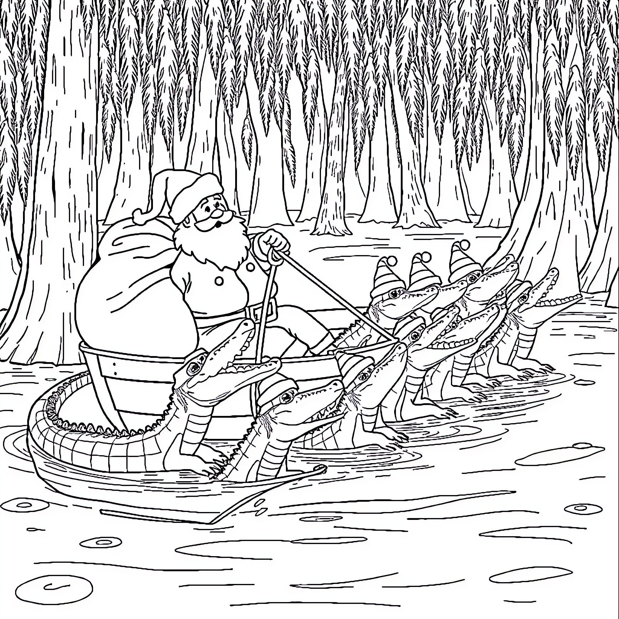 Santa riding sleigh with reindeer through snowy forest Coloring Page (free black-and-white line drawing printable PDF for all, from beginners to advanced learners, including children, teens, adults, and seniors)