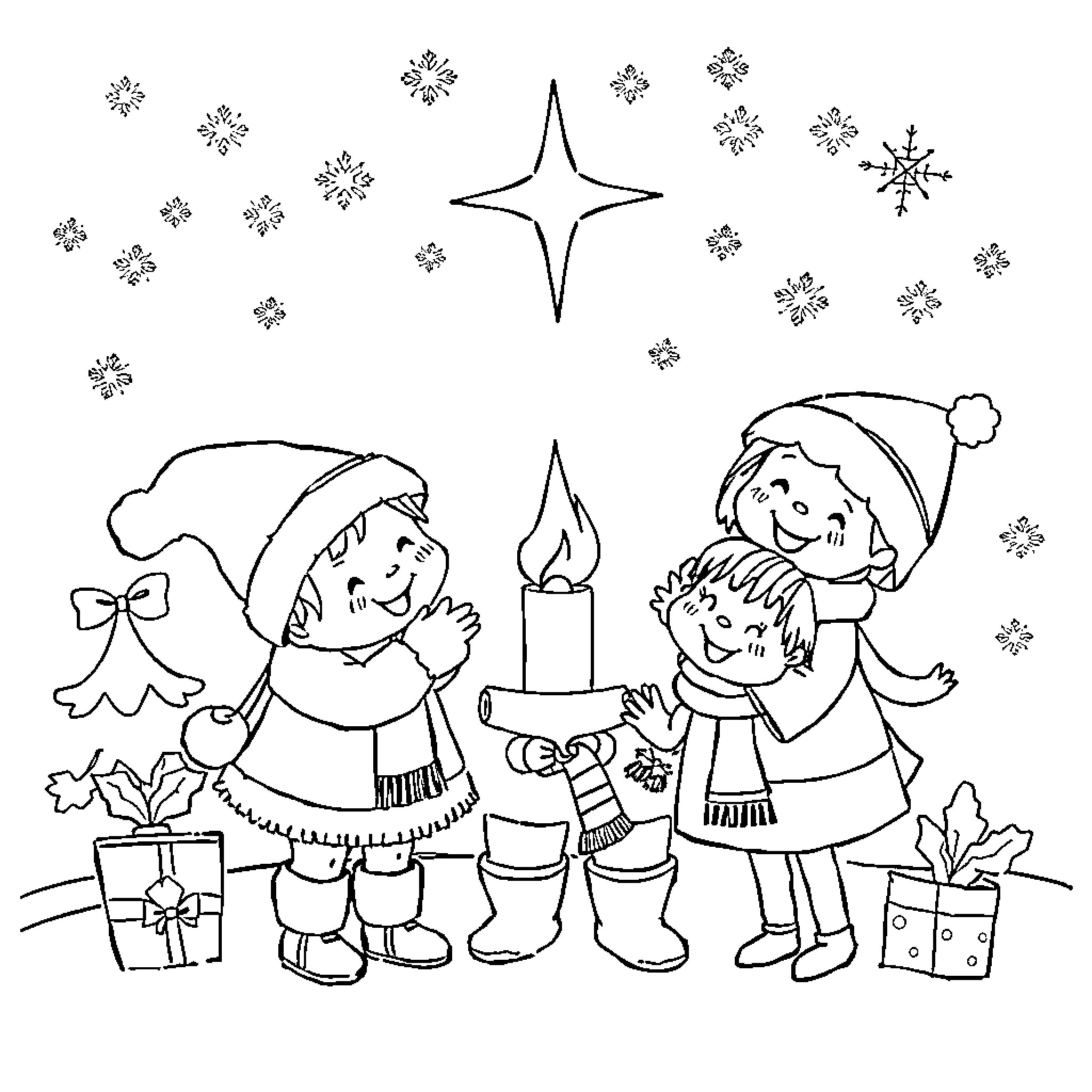 Child Winter Friends Celebrate with Candle and Gifts Coloring Page (free black-and-white line drawing printable PDF for all, from beginners to advanced learners, including children, teens, adults, and seniors)