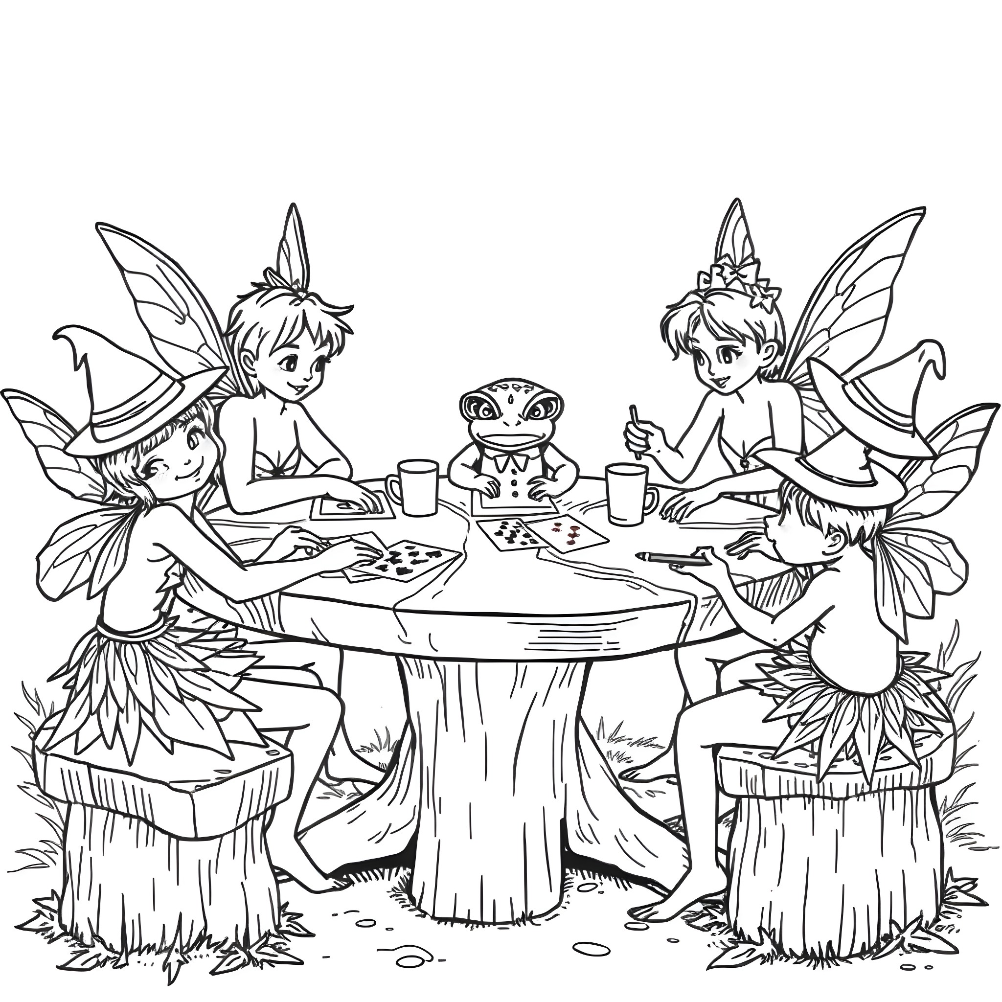Fairy friends having a tea party in the enchanted forest Coloring Page (free black-and-white line drawing printable PDF for all, from beginners to advanced learners, including children, teens, adults, and seniors)