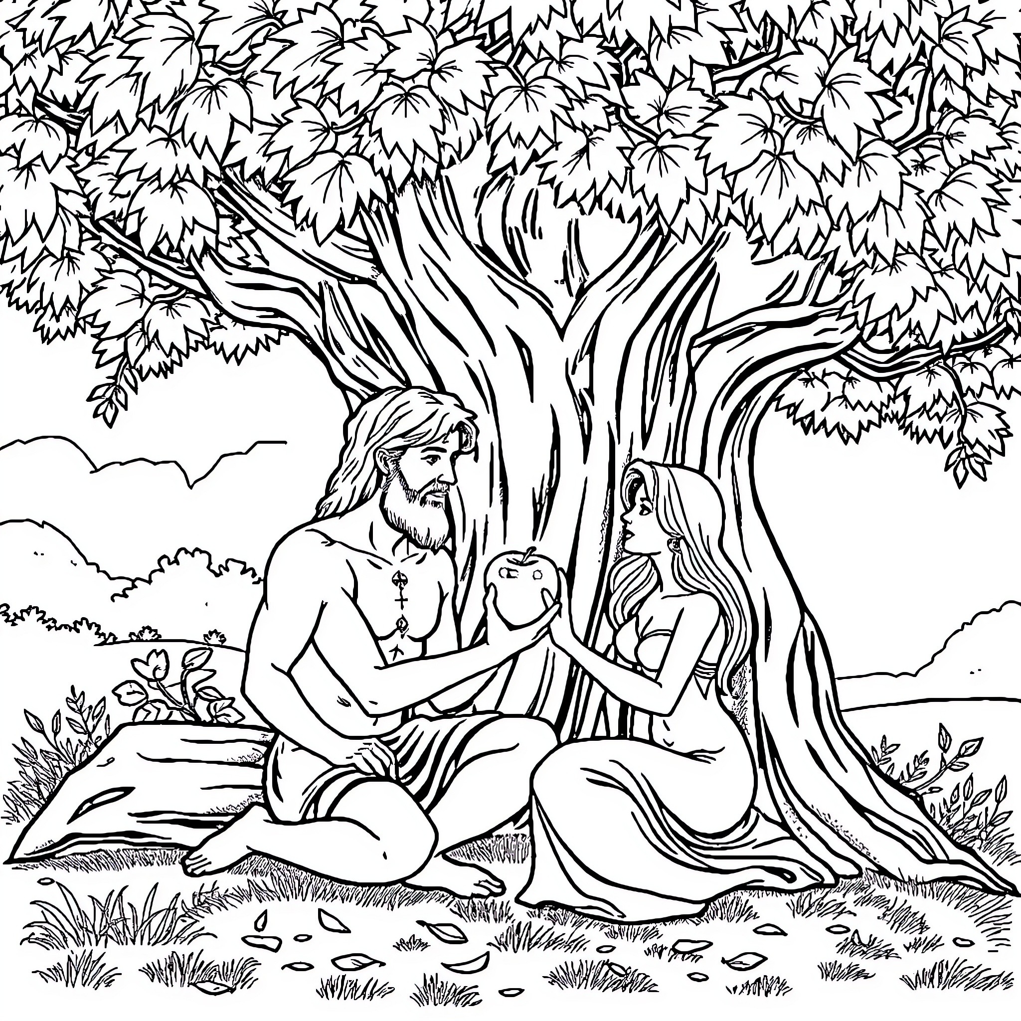 Adam and Eve under the Tree of Knowledge Coloring Page (free black-and-white line drawing printable PDF for all, from beginners to advanced learners, including children, teens, adults, and seniors)