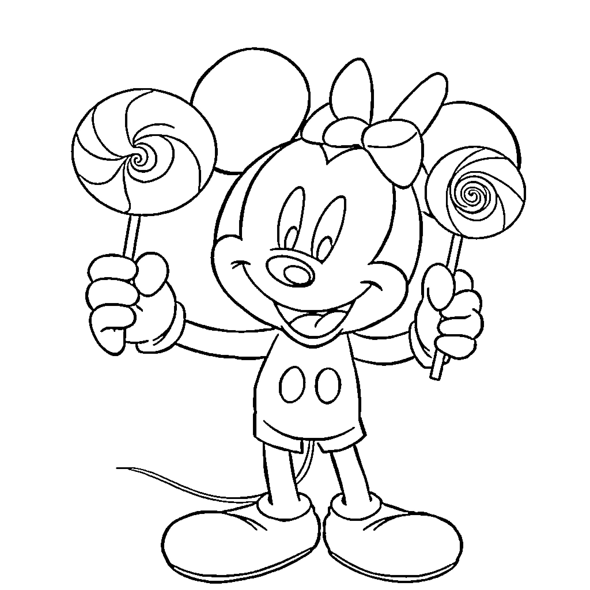 Mickey Mouse holding colorful lollipops Coloring Page (free black-and-white line drawing printable PDF for all, from beginners to advanced learners, including children, teens, adults, and seniors)