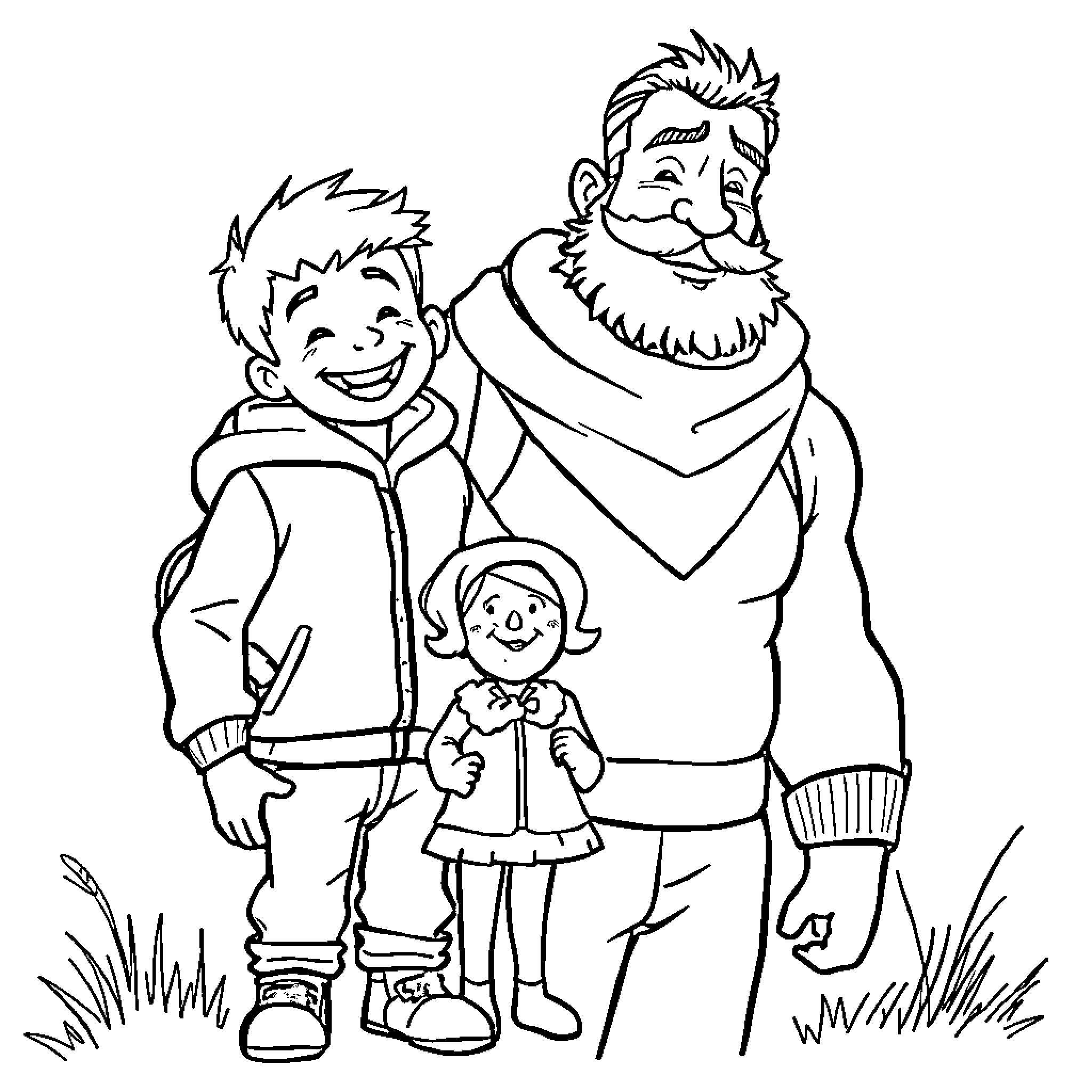 Boy and Grandpa Enjoying Time Together Coloring Page (free black-and-white line drawing printable PDF for all, from beginners to advanced learners, including children, teens, adults, and seniors)