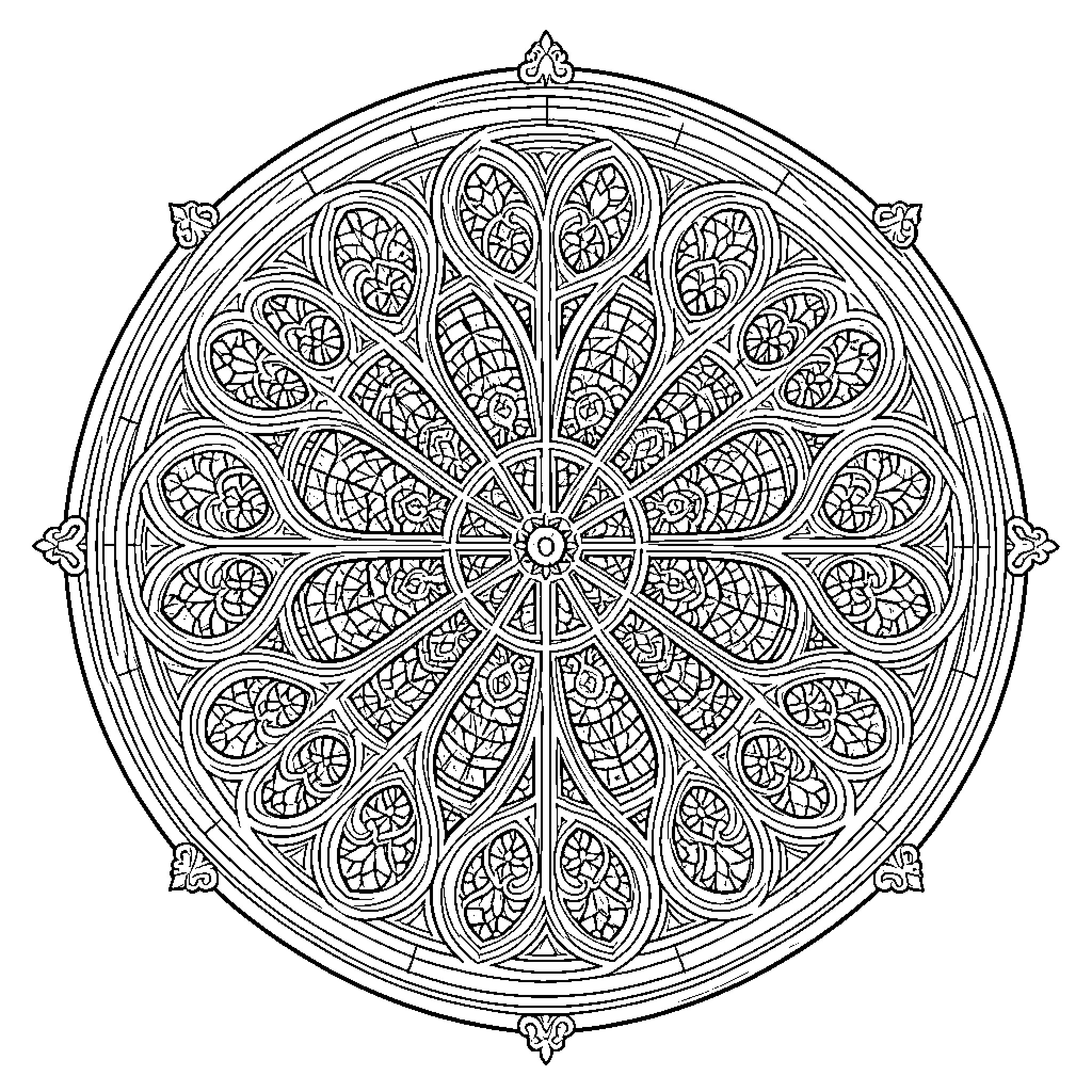 Gothic Rose Stained Glass Window Design Coloring Page (free black-and-white line drawing printable PDF for all, from beginners to advanced learners, including children, teens, adults, and seniors)