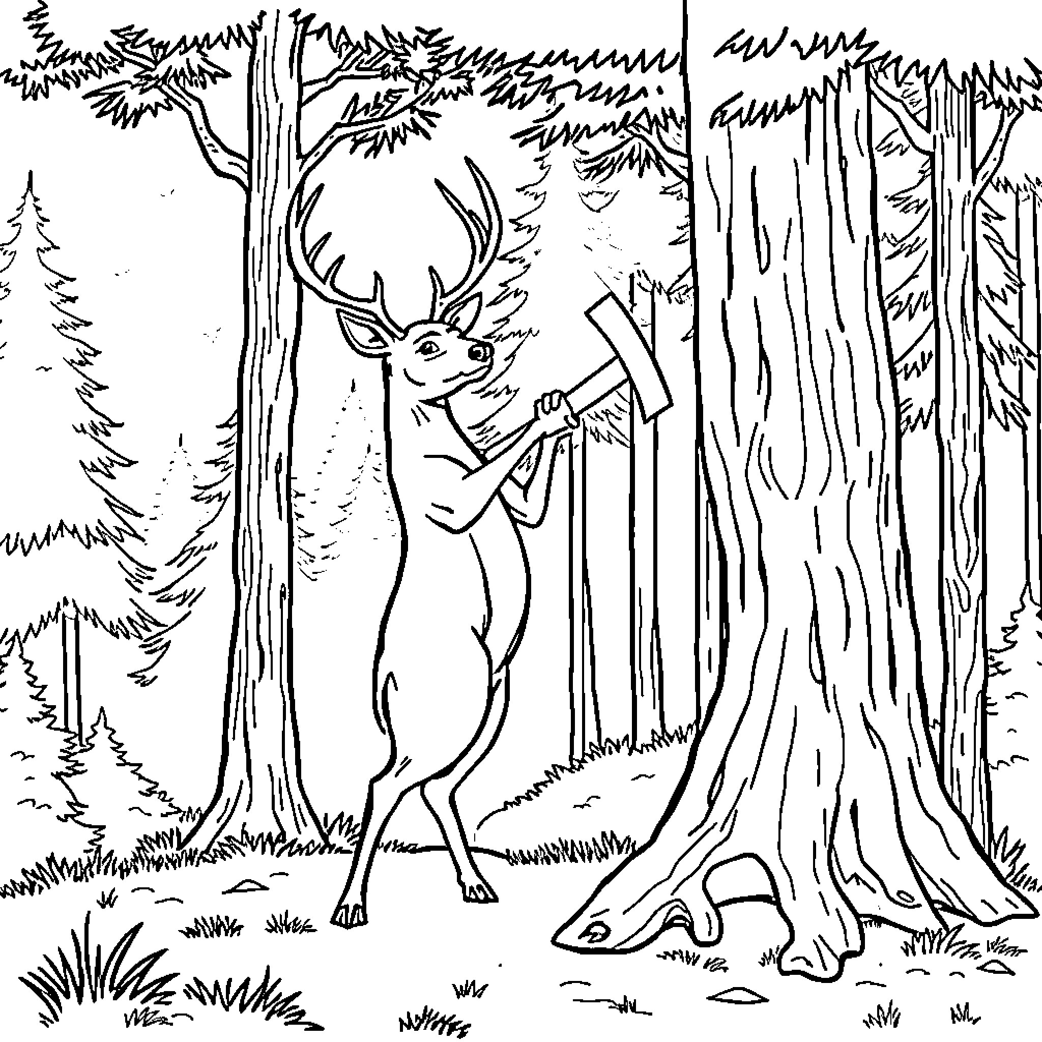 Deer standing amidst trees in the forest Coloring Page (free black-and-white line drawing printable PDF for all, from beginners to advanced learners, including children, teens, adults, and seniors)