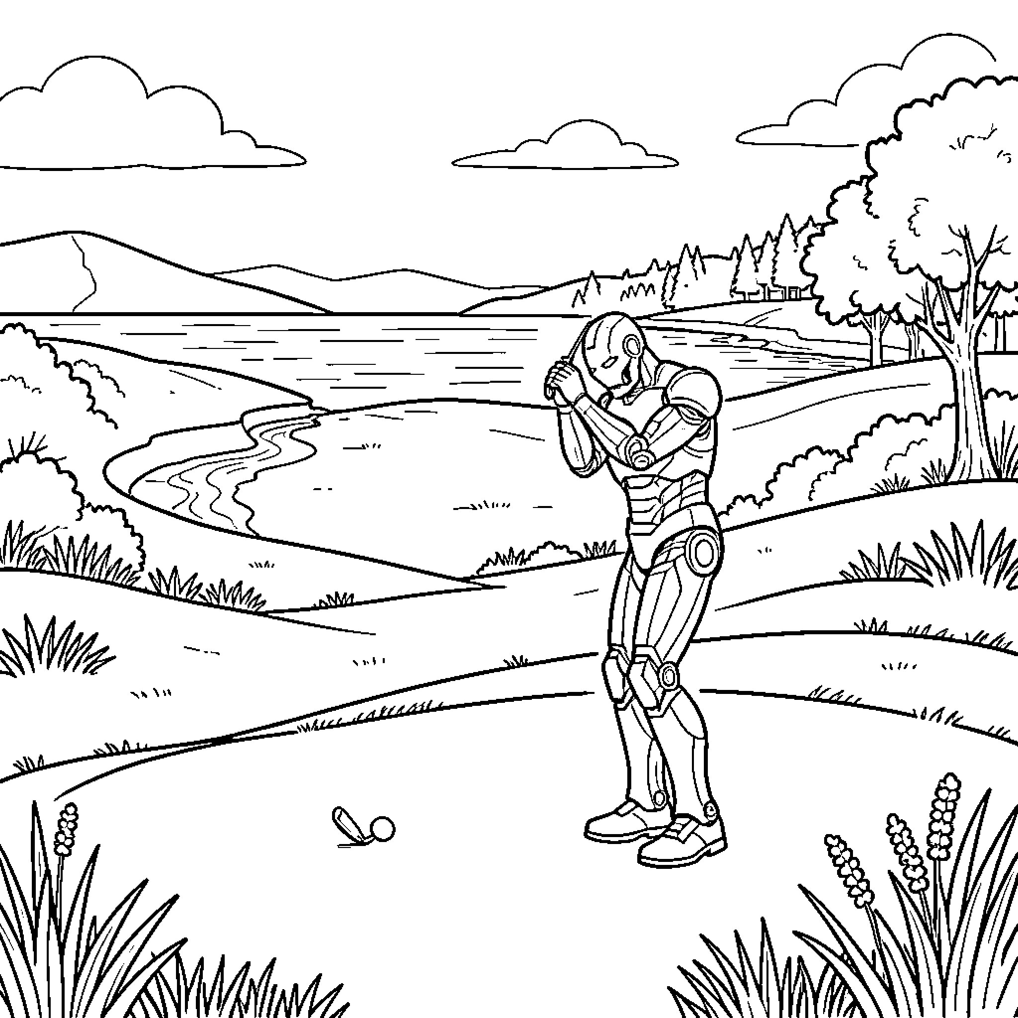 Iron Man standing in a peaceful landscape Coloring Page (free black-and-white line drawing printable PDF for all, from beginners to advanced learners, including children, teens, adults, and seniors)