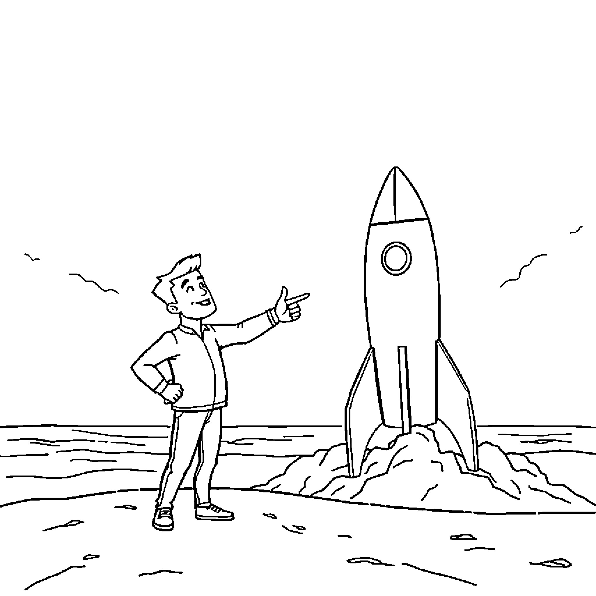 Elon Musk Observes Rocket Launch from Remote Location Coloring Page (free black-and-white line drawing printable PDF for all, from beginners to advanced learners, including children, teens, adults, and seniors)