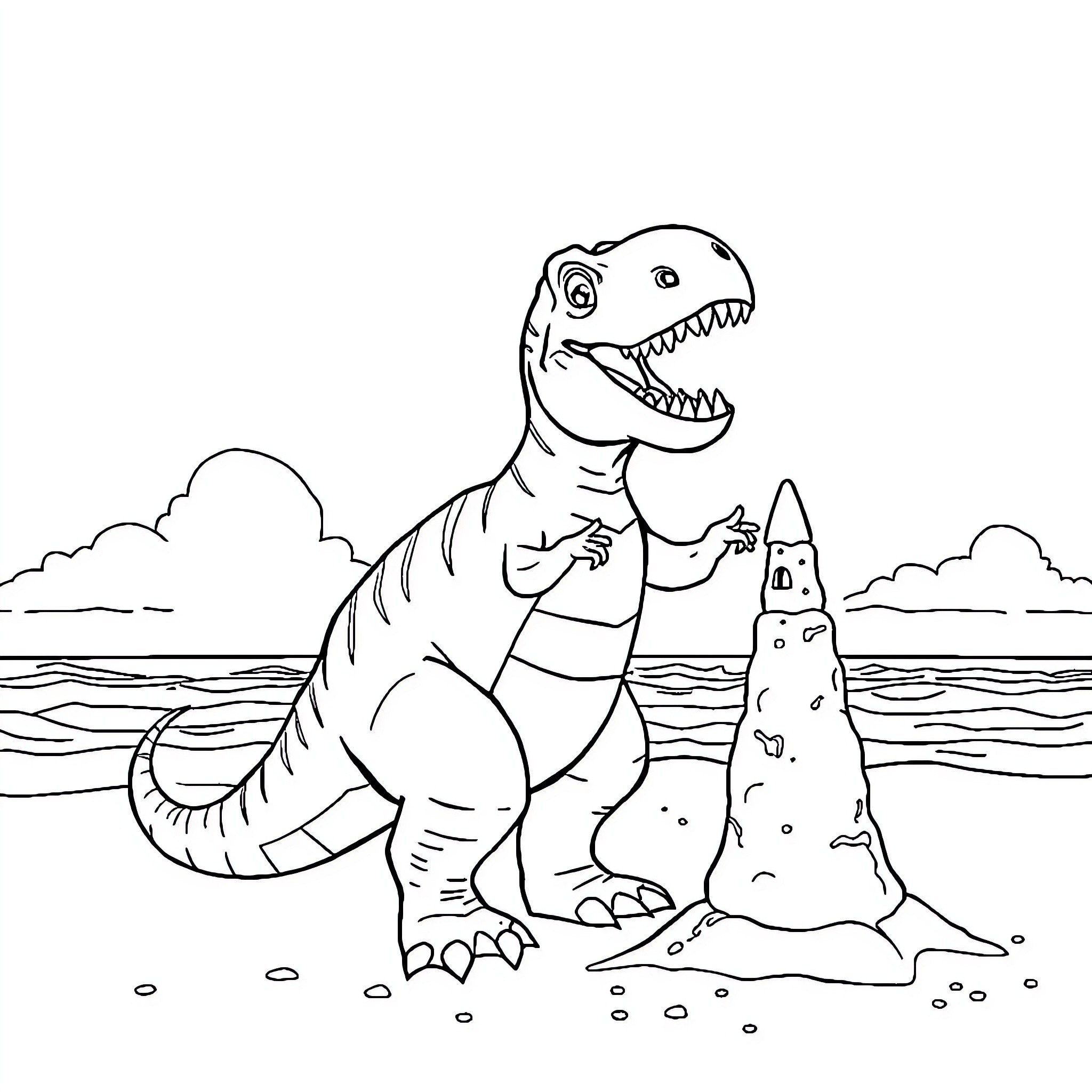 T-Rex Demolishing Sand Castle on Beach Coloring Page (free black-and-white line drawing printable PDF for all, from beginners to advanced learners, including children, teens, adults, and seniors)