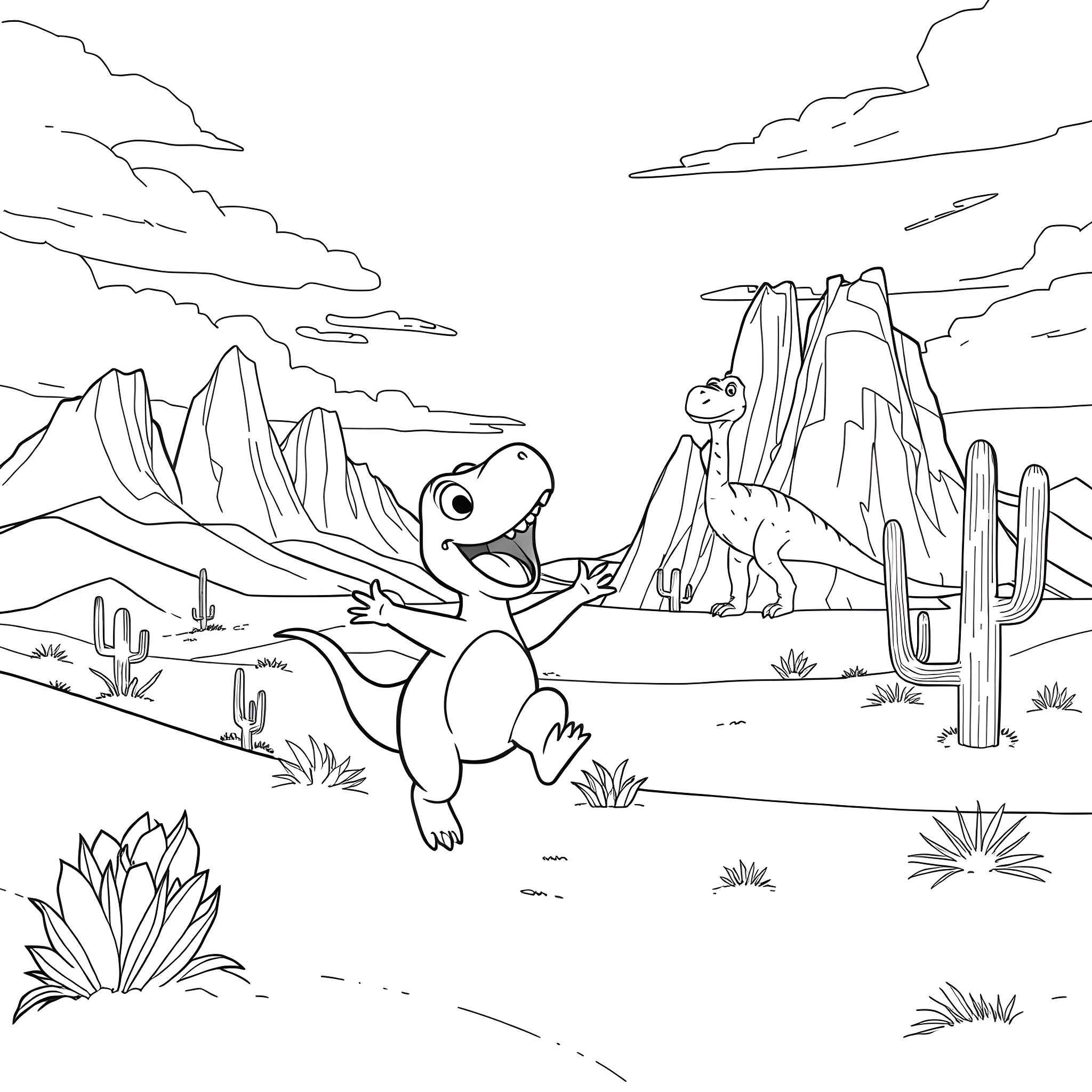 Pandi the Dinosaur in the Desert Landscape Coloring Page (free black-and-white line drawing printable PDF for all, from beginners to advanced learners, including children, teens, adults, and seniors)