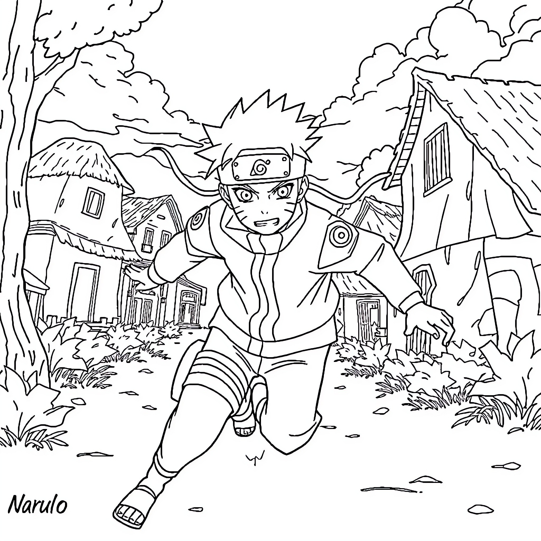 Naruto jumping with determination in the village Coloring Page (free black-and-white line drawing printable PDF for all, from beginners to advanced learners, including children, teens, adults, and seniors)