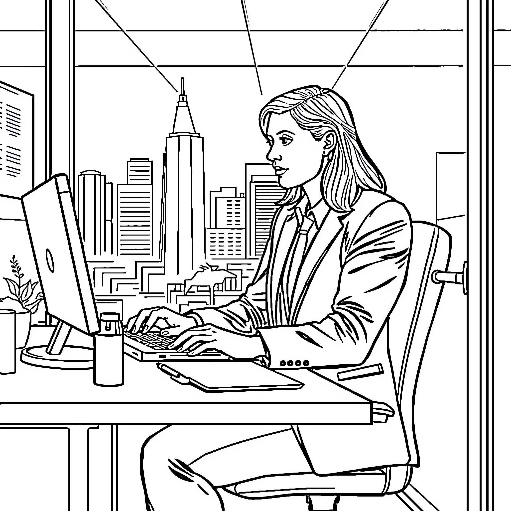 Federal Employee Working Diligently at Desk Coloring Page (free black-and-white line drawing printable PDF for all, from beginners to advanced learners, including children, teens, adults, and seniors)