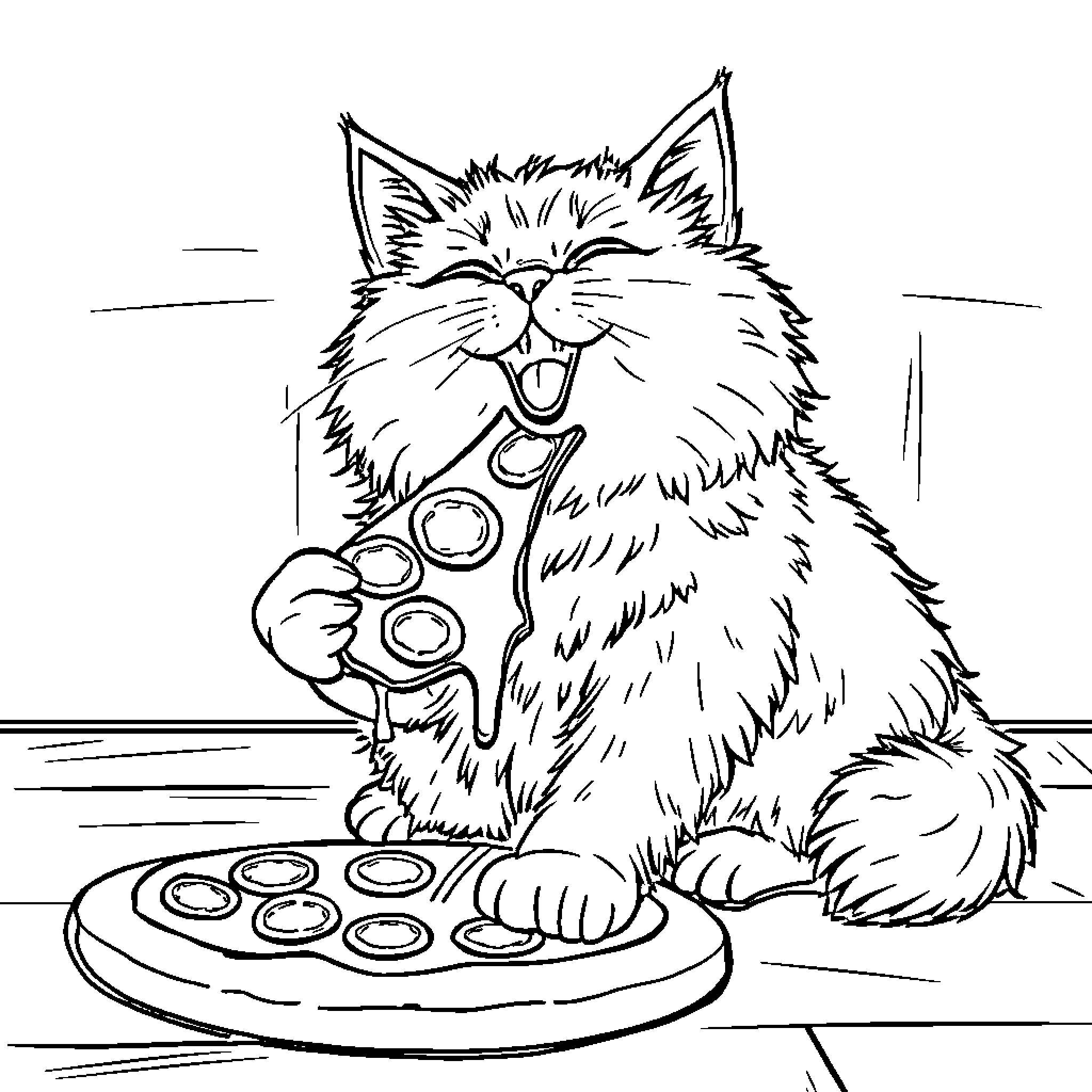 Cat enjoying a delicious treat Coloring Page (free black-and-white line drawing printable PDF for all, from beginners to advanced learners, including children, teens, adults, and seniors)