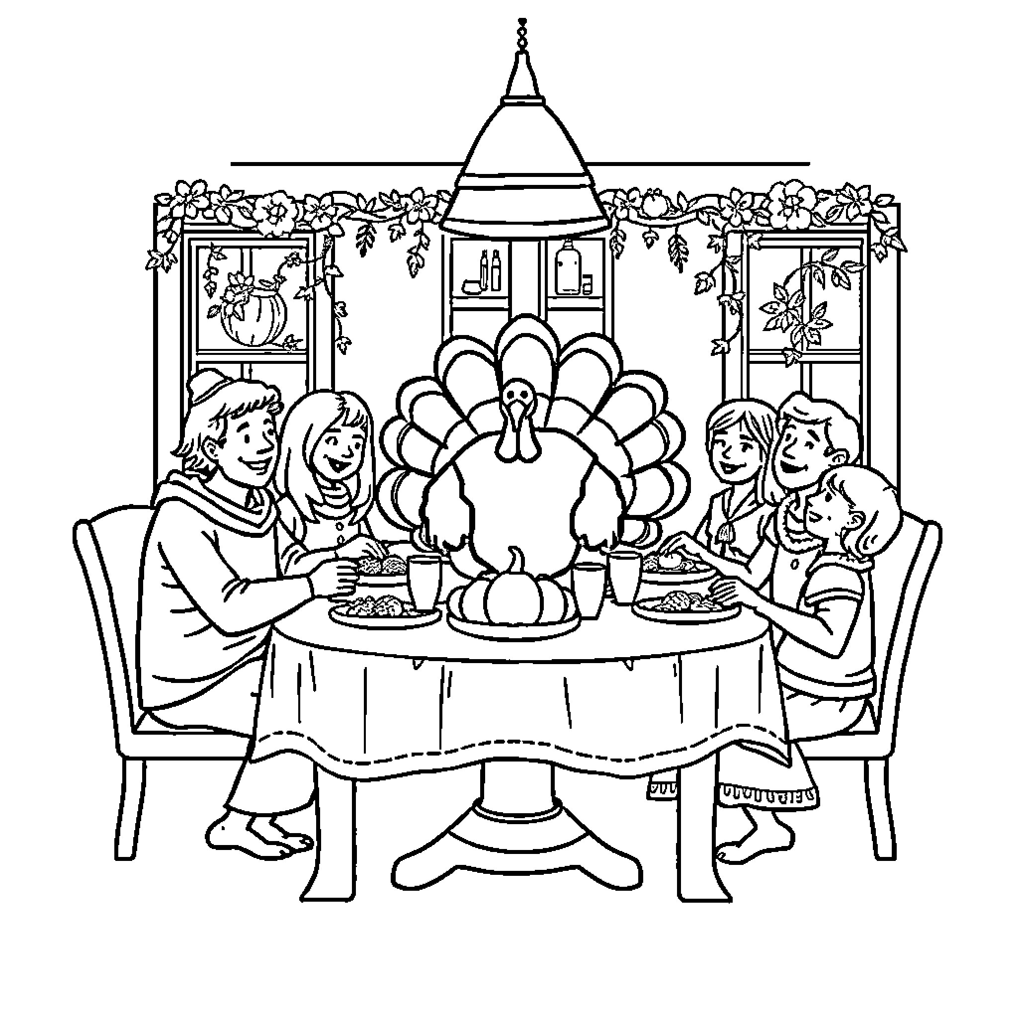 Thanksgiving Family Gathering around Festive Dinner Table Coloring Page (free black-and-white line drawing printable PDF for all, from beginners to advanced learners, including children, teens, adults, and seniors)