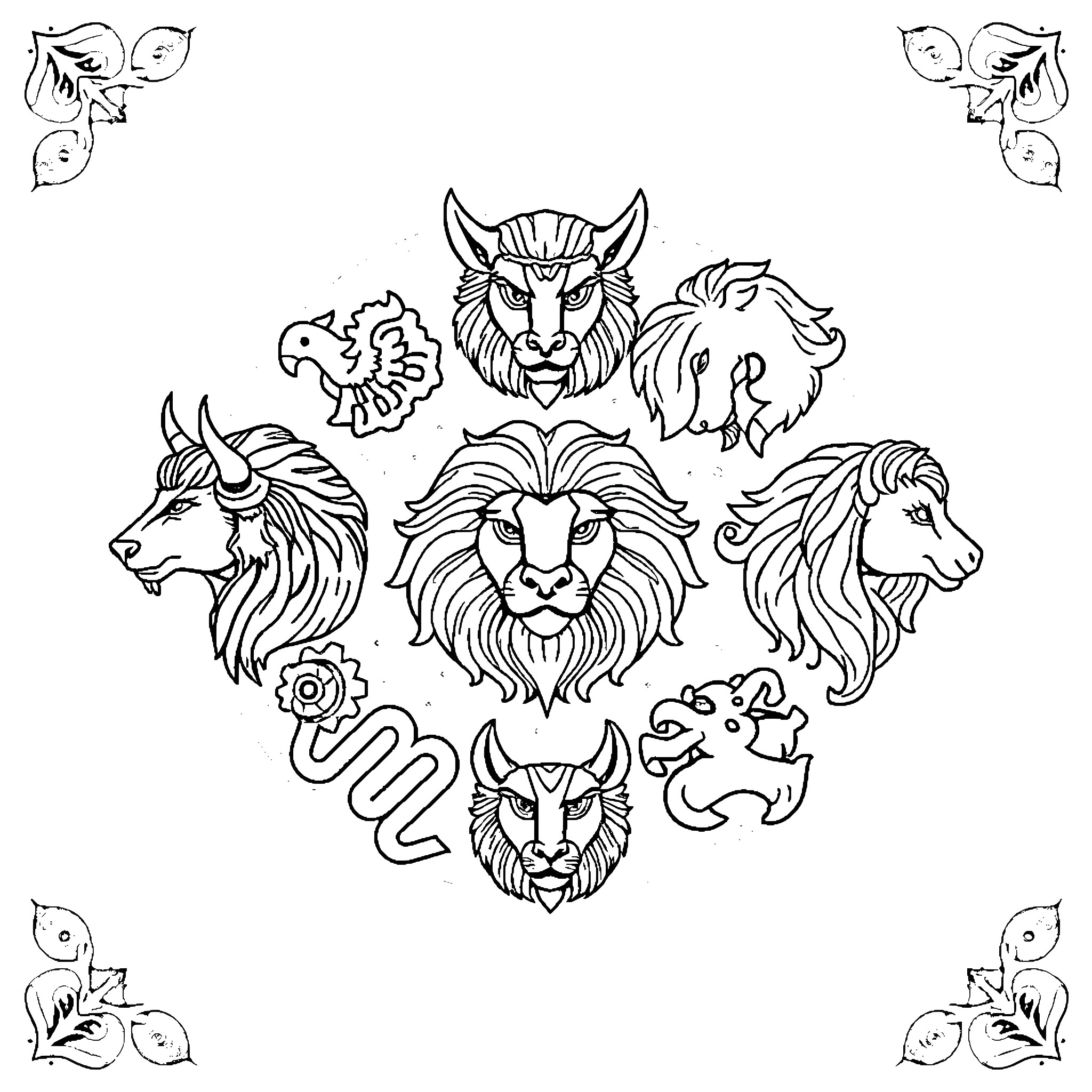 Zodiac Symbols with Diverse Animal Heads and Designs Coloring Page (free black-and-white line drawing printable PDF for all, from beginners to advanced learners, including children, teens, adults, and seniors)