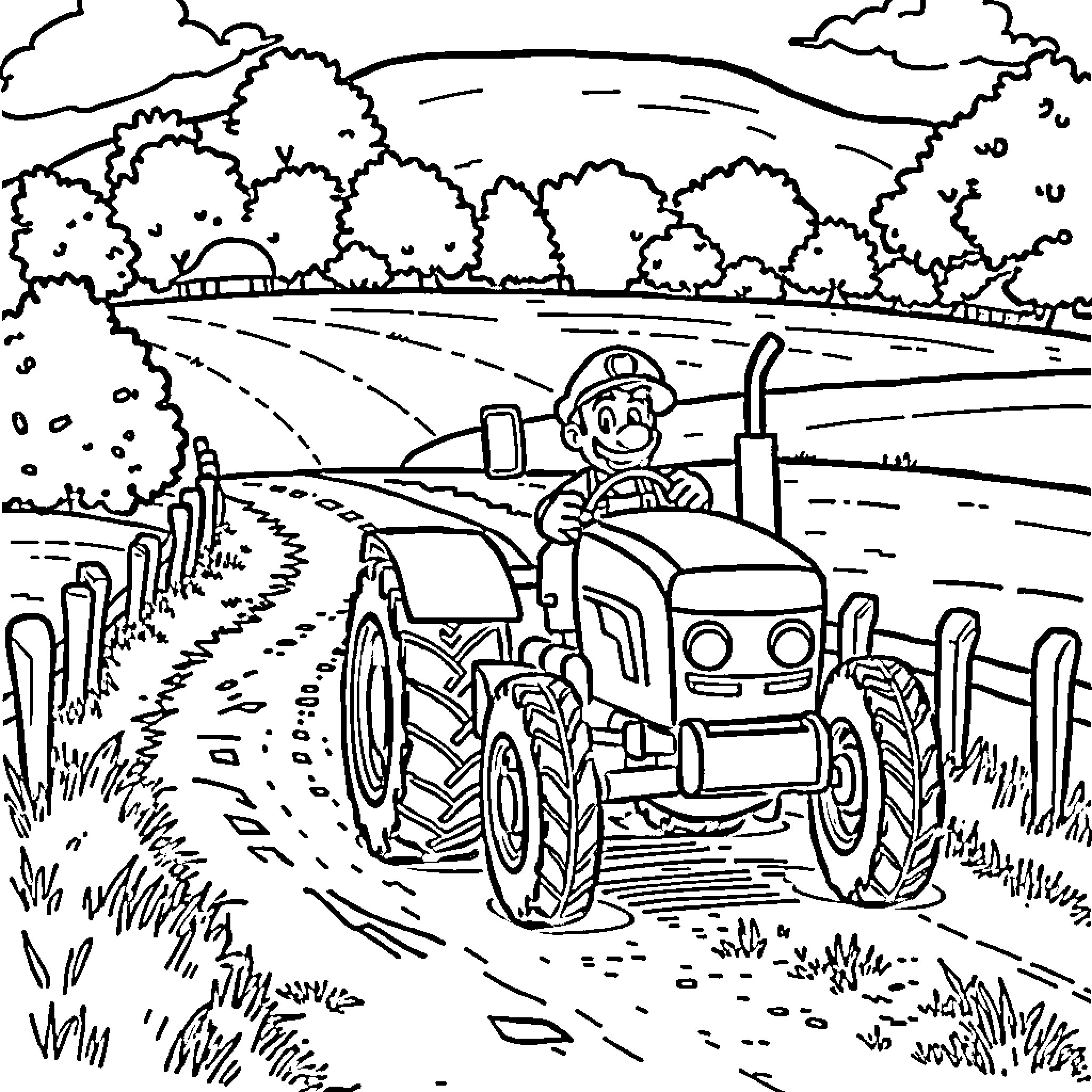 Luigi's Tractor Adventure in the Countryside Coloring Page (free black-and-white line drawing printable PDF for all, from beginners to advanced learners, including children, teens, adults, and seniors)