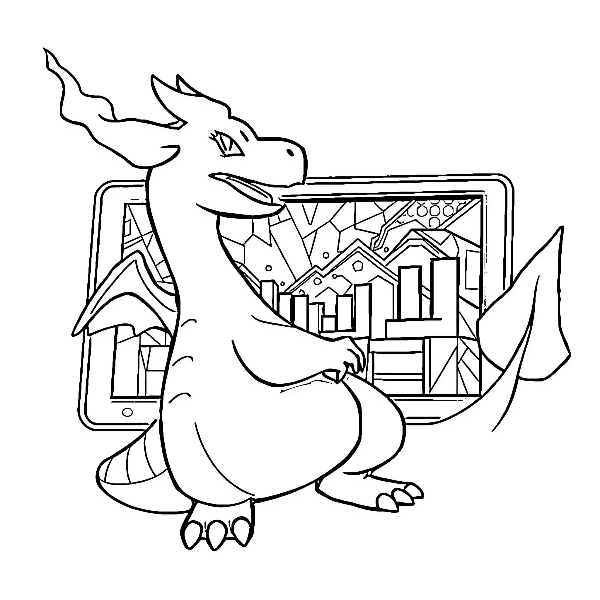 Charizard presenting business analytics on a tablet Coloring Page (free black-and-white line drawing printable PDF for all, from beginners to advanced learners, including children, teens, adults, and seniors)