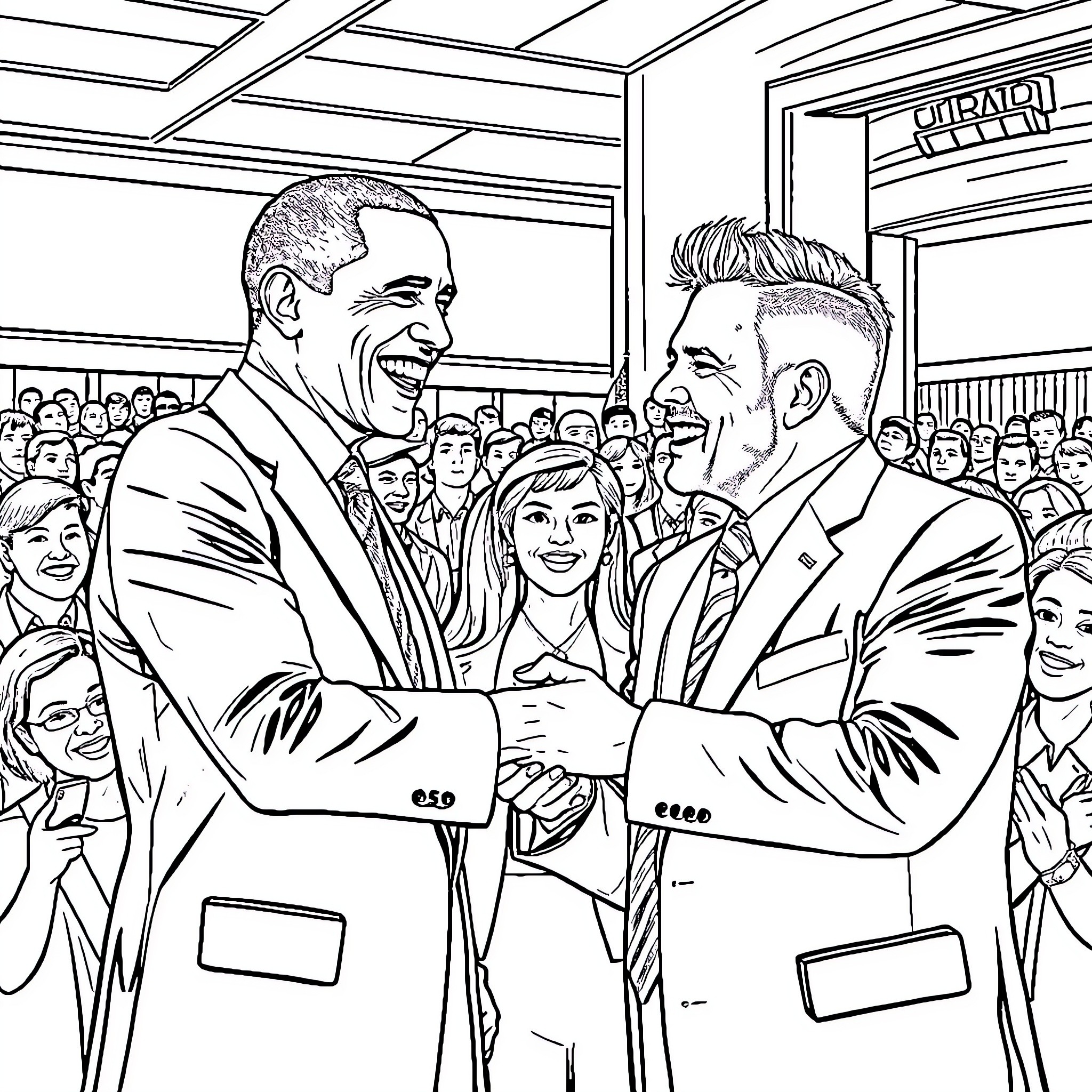 Obama shaking hands with another political figure at an event Coloring Page (free black-and-white line drawing printable PDF for all, from beginners to advanced learners, including children, teens, adults, and seniors)