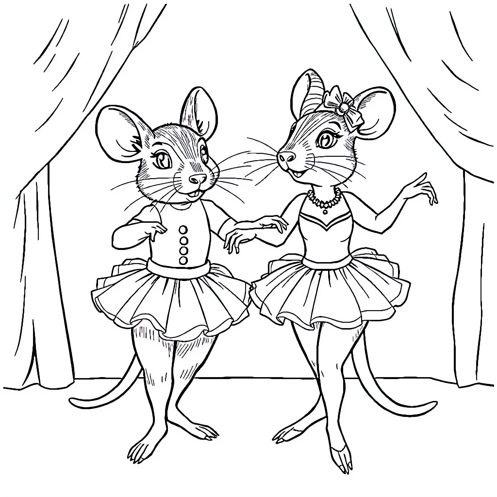 Mouse ballerinas dancing on stage Coloring Page (free black-and-white line drawing printable PDF for all, from beginners to advanced learners, including children, teens, adults, and seniors)