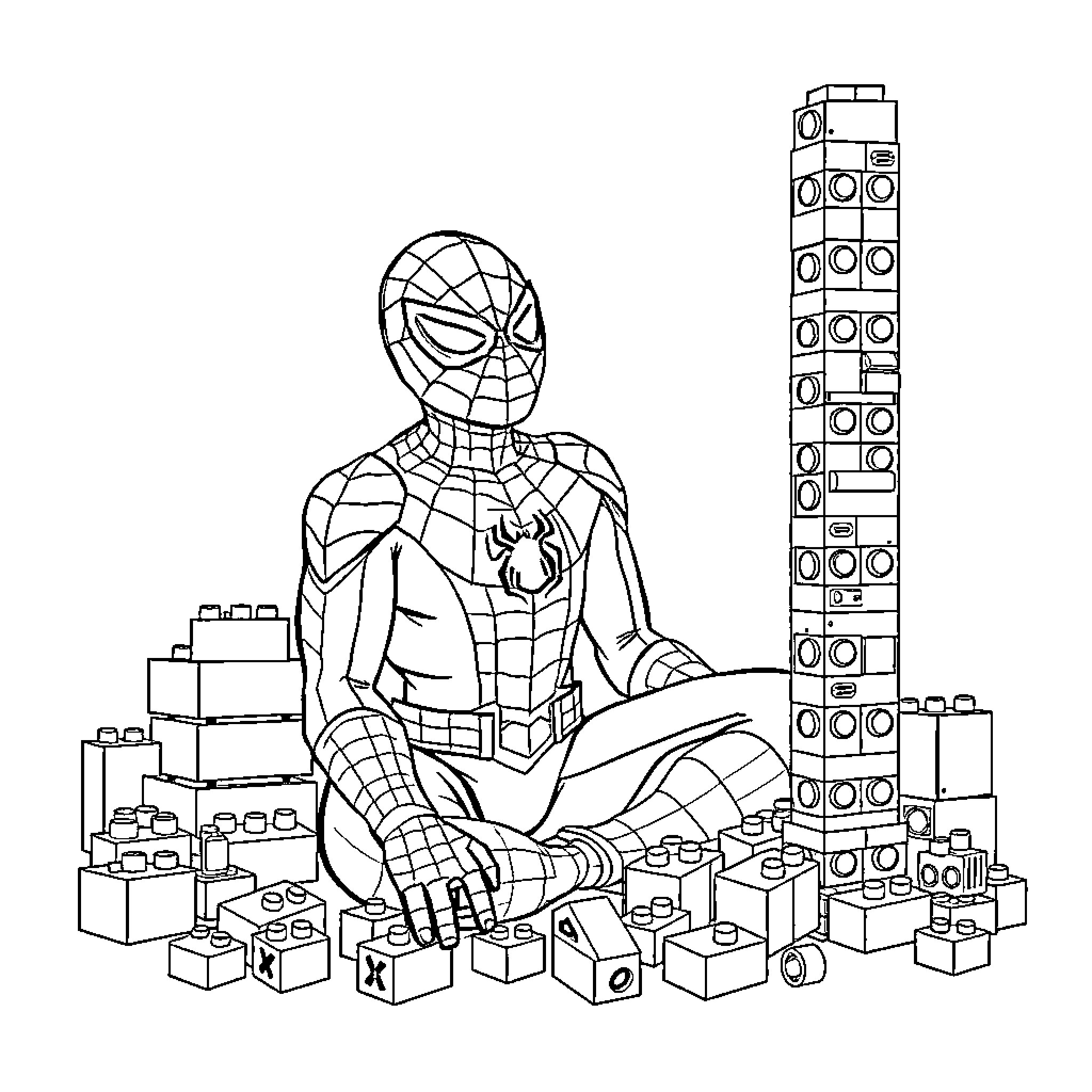 Spiderman building with Lego blocks Coloring Page (free black-and-white line drawing printable PDF for all, from beginners to advanced learners, including children, teens, adults, and seniors)
