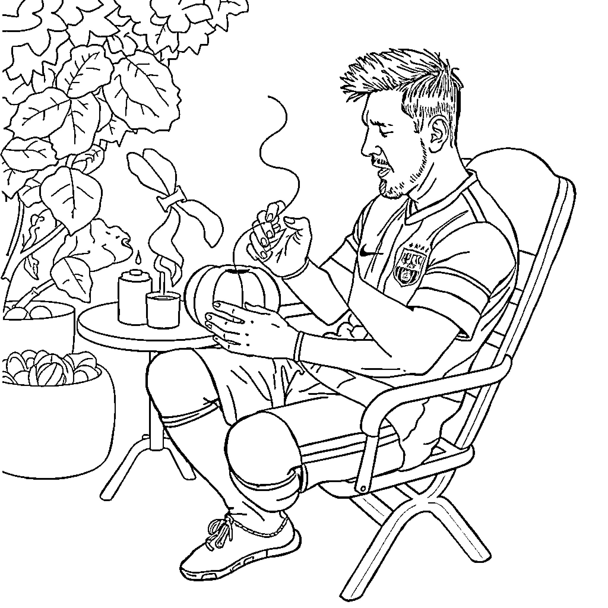 Messi relaxing outdoors with a drink Coloring Page (free black-and-white line drawing printable PDF for all, from beginners to advanced learners, including children, teens, adults, and seniors)