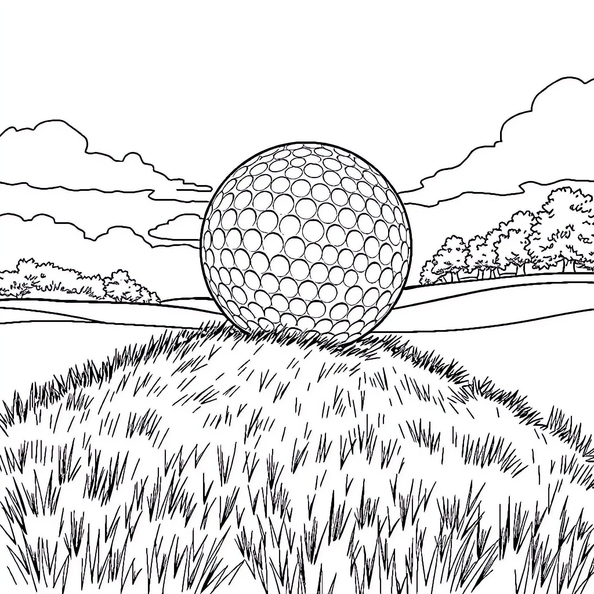 Golf Ball in Serene Grassy Landscape Coloring Page (free black-and-white line drawing printable PDF for all, from beginners to advanced learners, including children, teens, adults, and seniors)