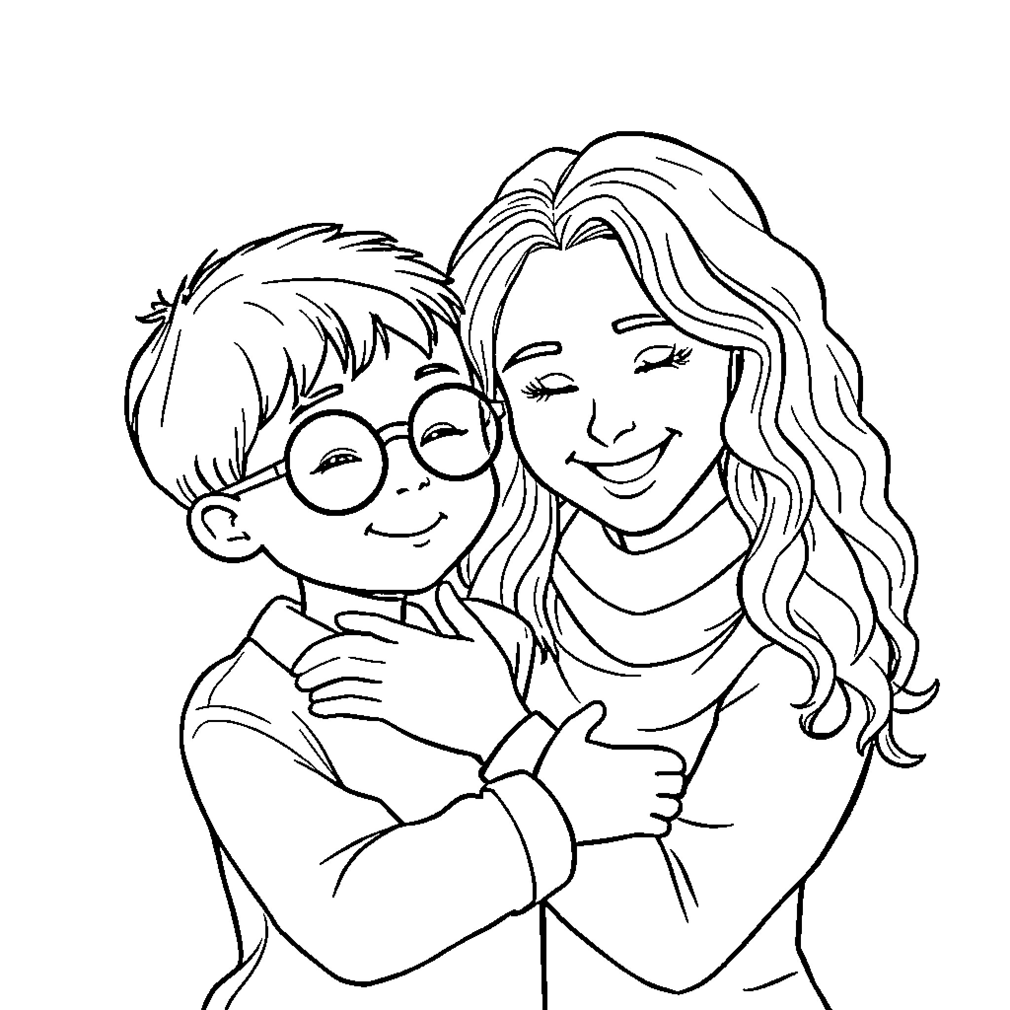 Boy and woman hugging affectionately Coloring Page (free black-and-white line drawing printable PDF for all, from beginners to advanced learners, including children, teens, adults, and seniors)