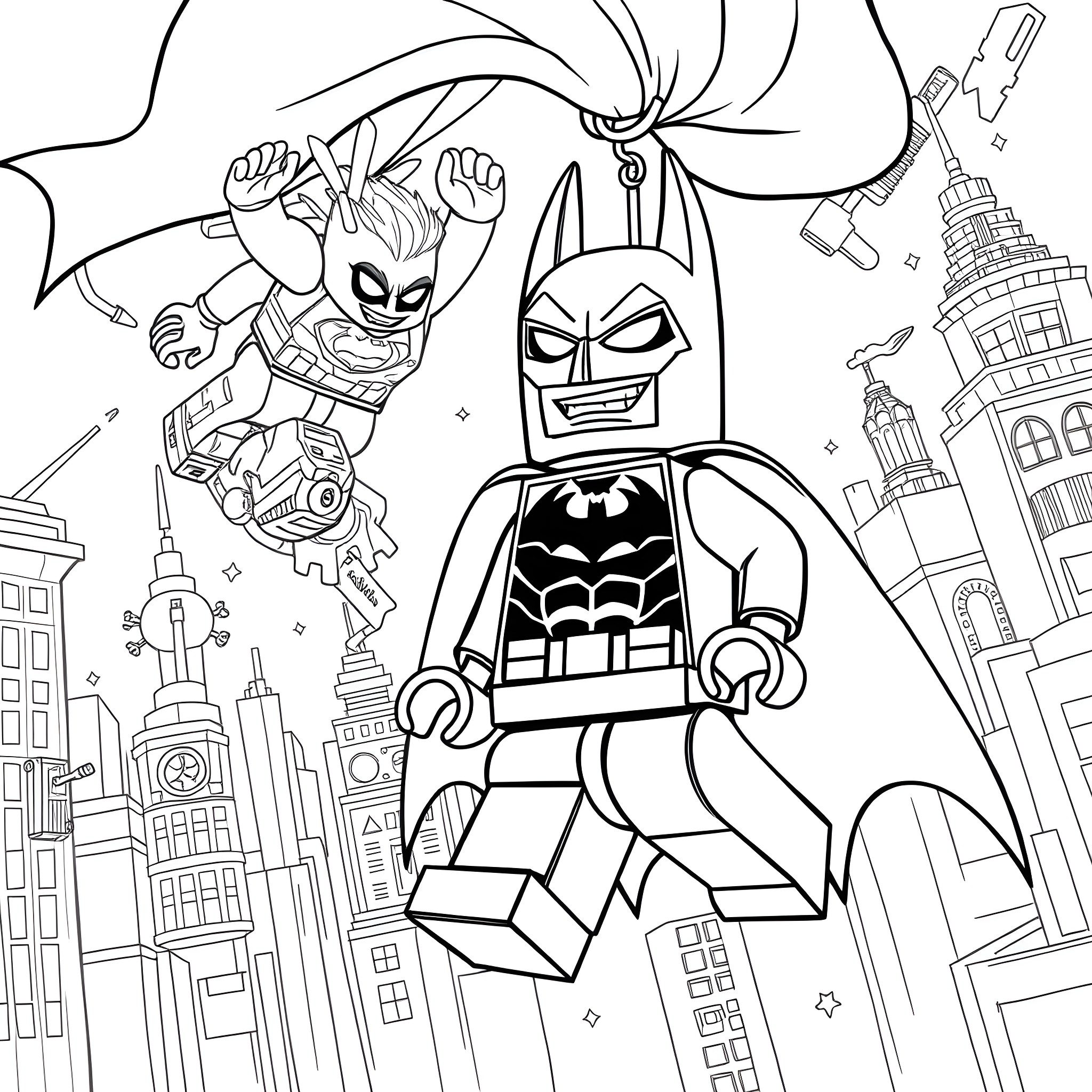 Lego Batman in action with the city in the background Coloring Page (free black-and-white line drawing printable PDF for all, from beginners to advanced learners, including children, teens, adults, and seniors)