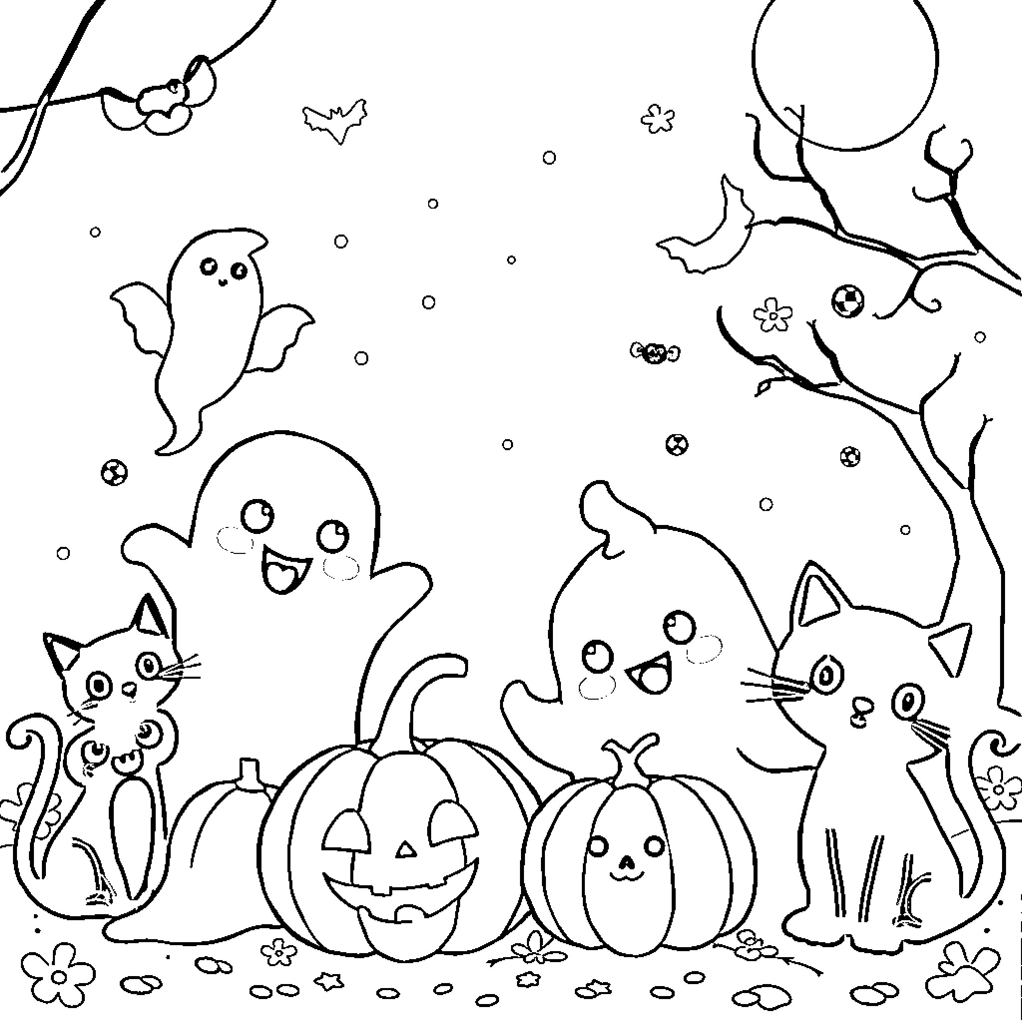 Halloween Spooky Creatures and Pumpkins Coloring Page (free black-and-white line drawing printable PDF for all, from beginners to advanced learners, including children, teens, adults, and seniors)